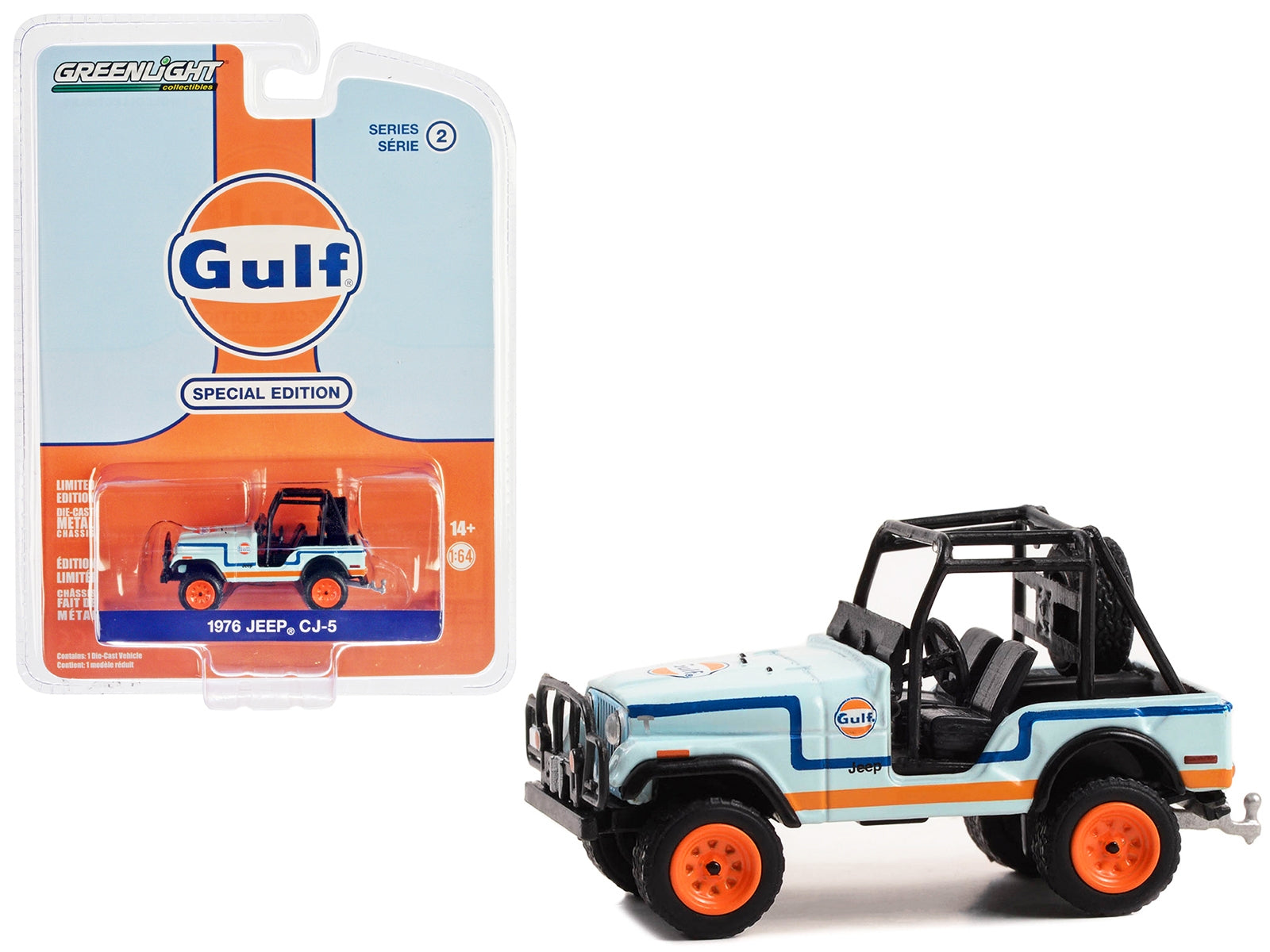 1976 Jeep CJ-5 Light Blue with Blue and Orange Stripes "Gulf Oil Special Edition" Series 2 1/64 Diecast Model Car by Greenlight Greenlight