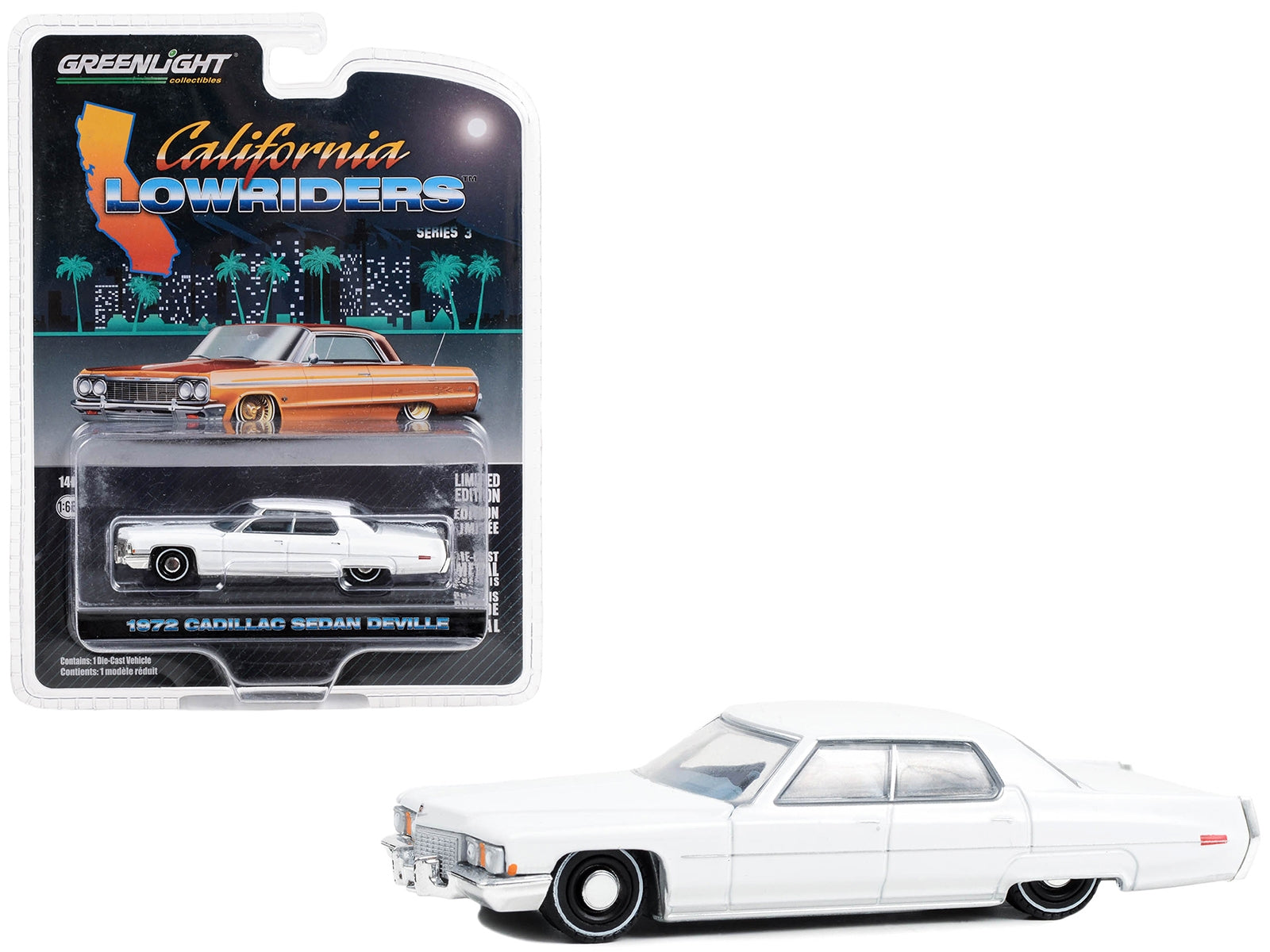 1972 Cadillac Sedan deVille Lowrider Cotillion White with Blue Interior "California Lowriders" Series 3 1/64 Diecast Model Car by Greenlight Greenlight