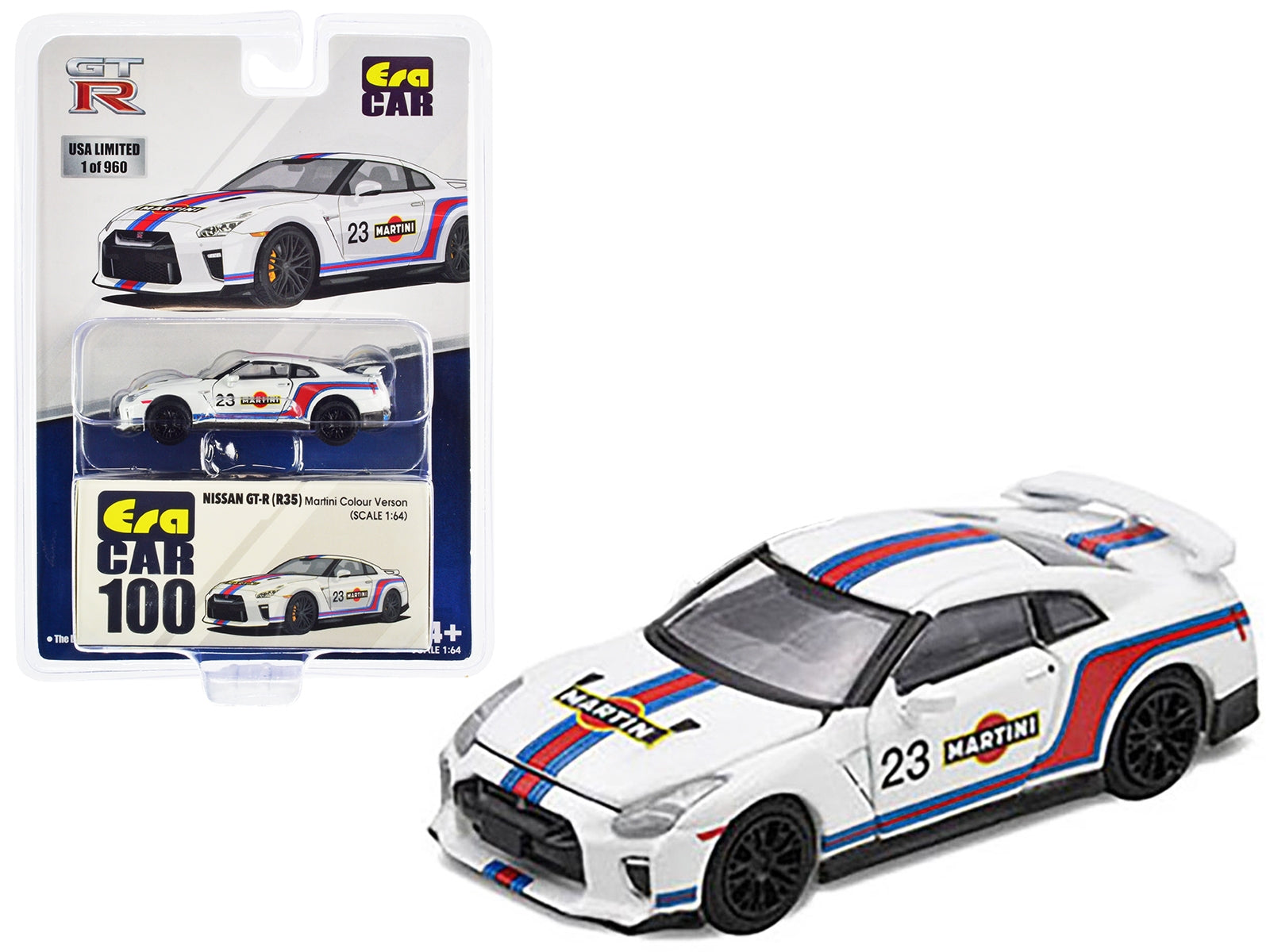 Nissan GT-R (R35) #23 White with Blue and Red Stripes "Martini Racing" Limited Edition to 960 pieces Worldwide 1/64 Diecast Model Car by Era Car Era Car