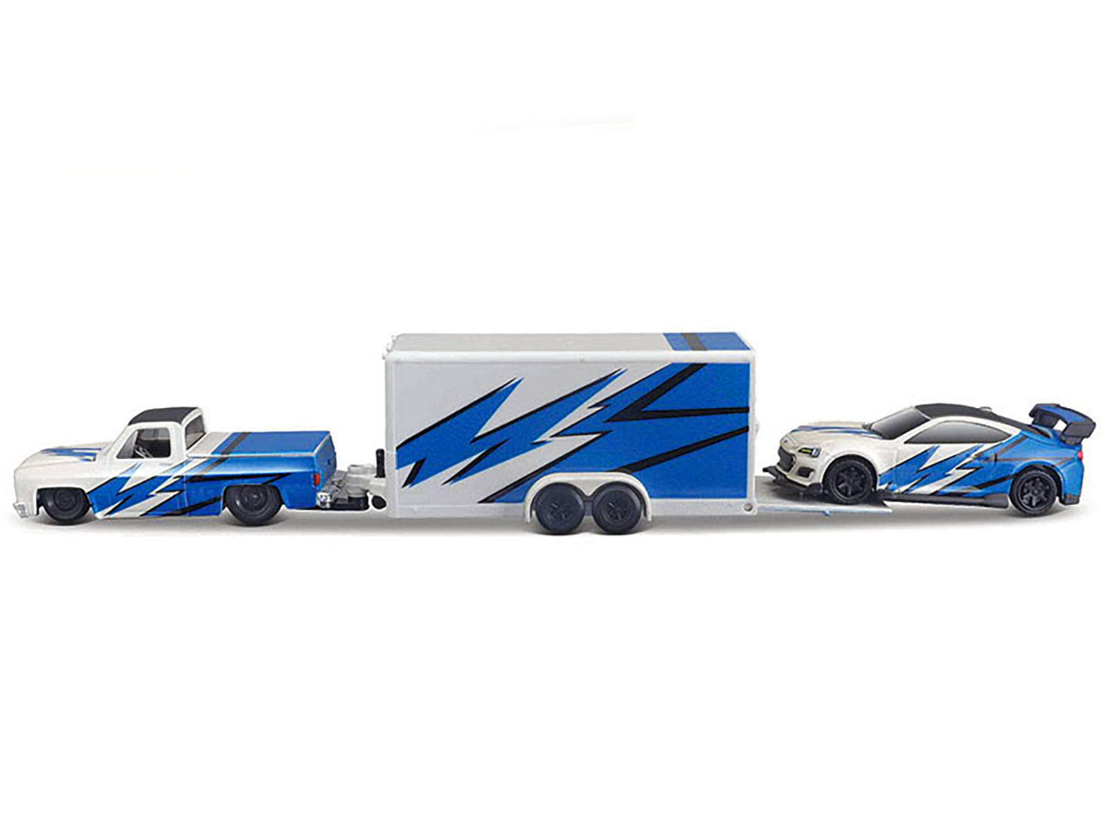 1987 Chevrolet 1500 Pickup Truck White with Blue Graphics and 2019 Subaru BRZ White with Blue Graphics with Enclosed Car Trailer "Team Haulers" Series 1/64 Diecast Model Car by Maisto Maisto