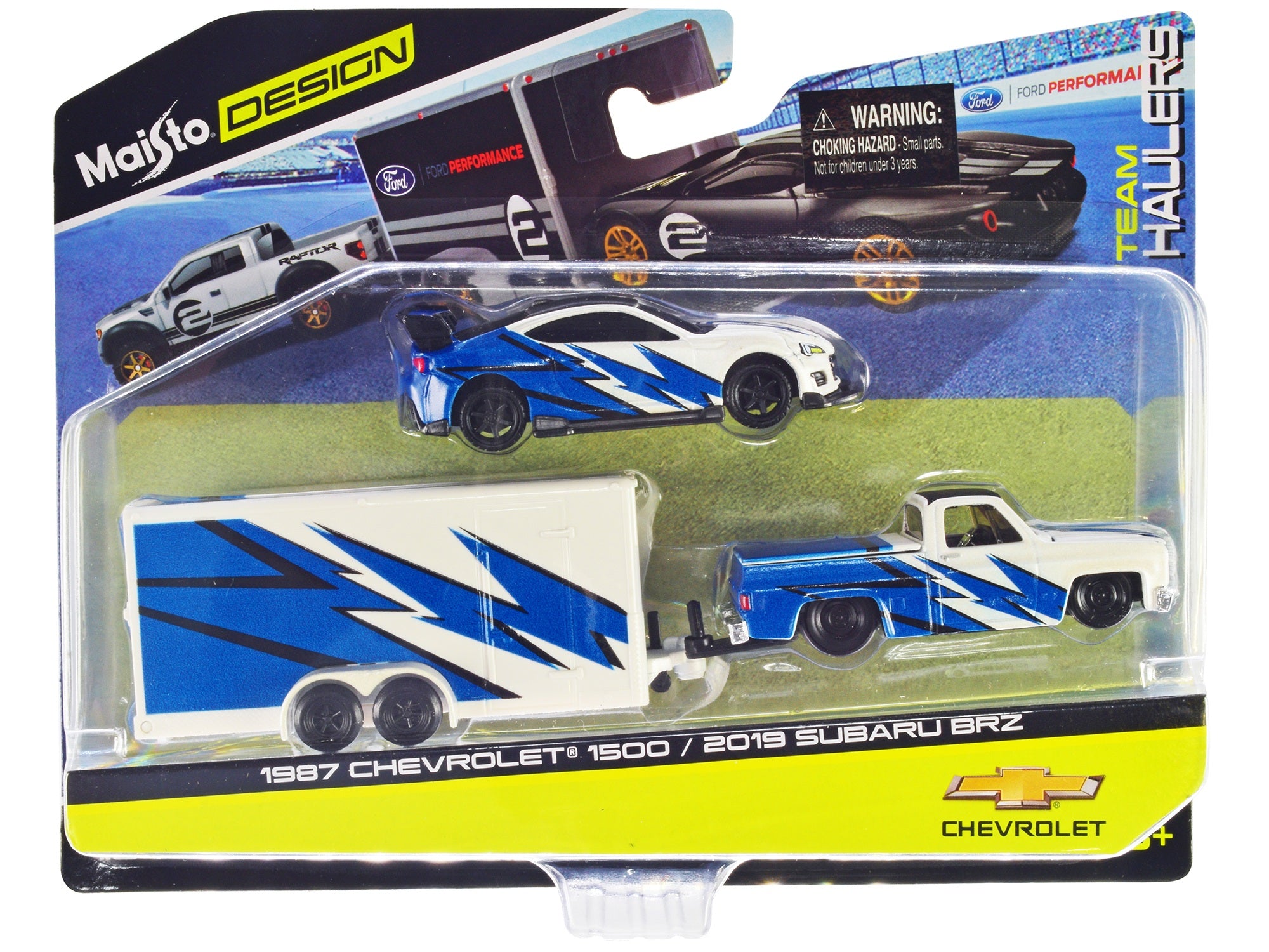 1987 Chevrolet 1500 Pickup Truck White with Blue Graphics and 2019 Subaru BRZ White with Blue Graphics with Enclosed Car Trailer "Team Haulers" Series 1/64 Diecast Model Car by Maisto Maisto