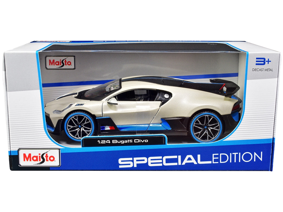 Bugatti Divo Satin White Metallic with Carbon and Blue Accents "Special Edition" 1/24 Diecast Model Car by Maisto Maisto