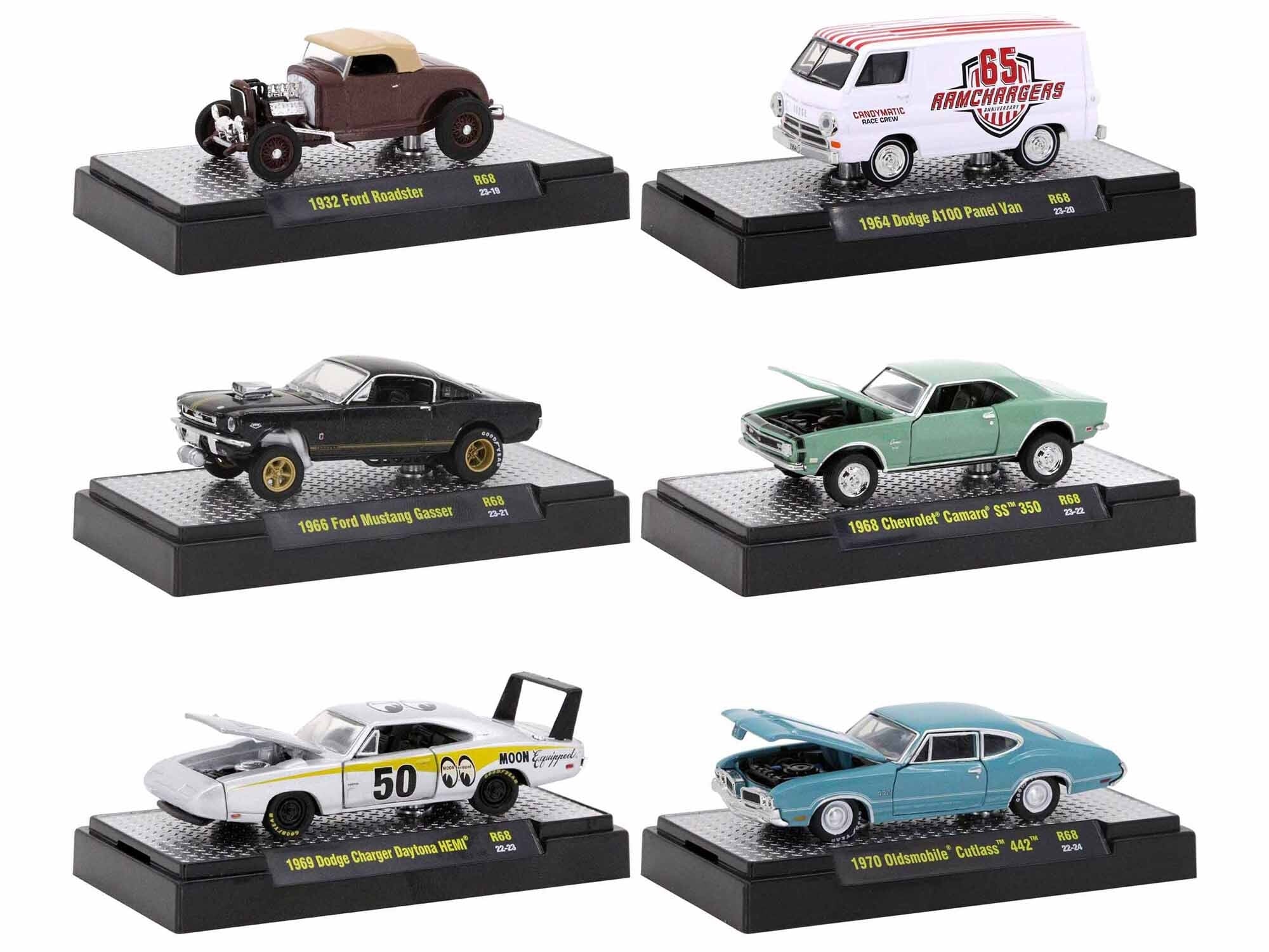 "Auto Meets" Set of 6 Cars IN DISPLAY CASES Release 68 Limited Edition 1/64 Diecast Model Cars by M2 Machines M2