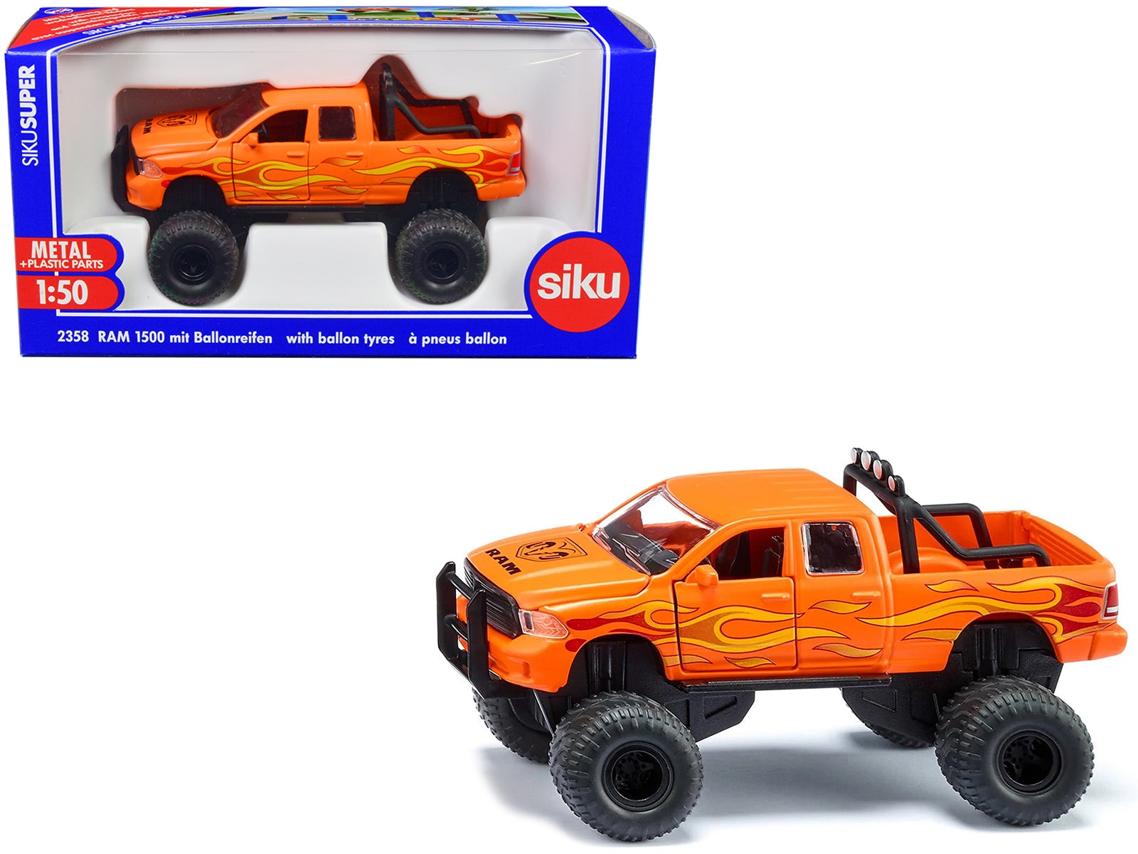 Ram 1500 Pickup Truck Lifted with Balloon Tires Orange with Flames 1/50 Diecast Model by Siku SIKU