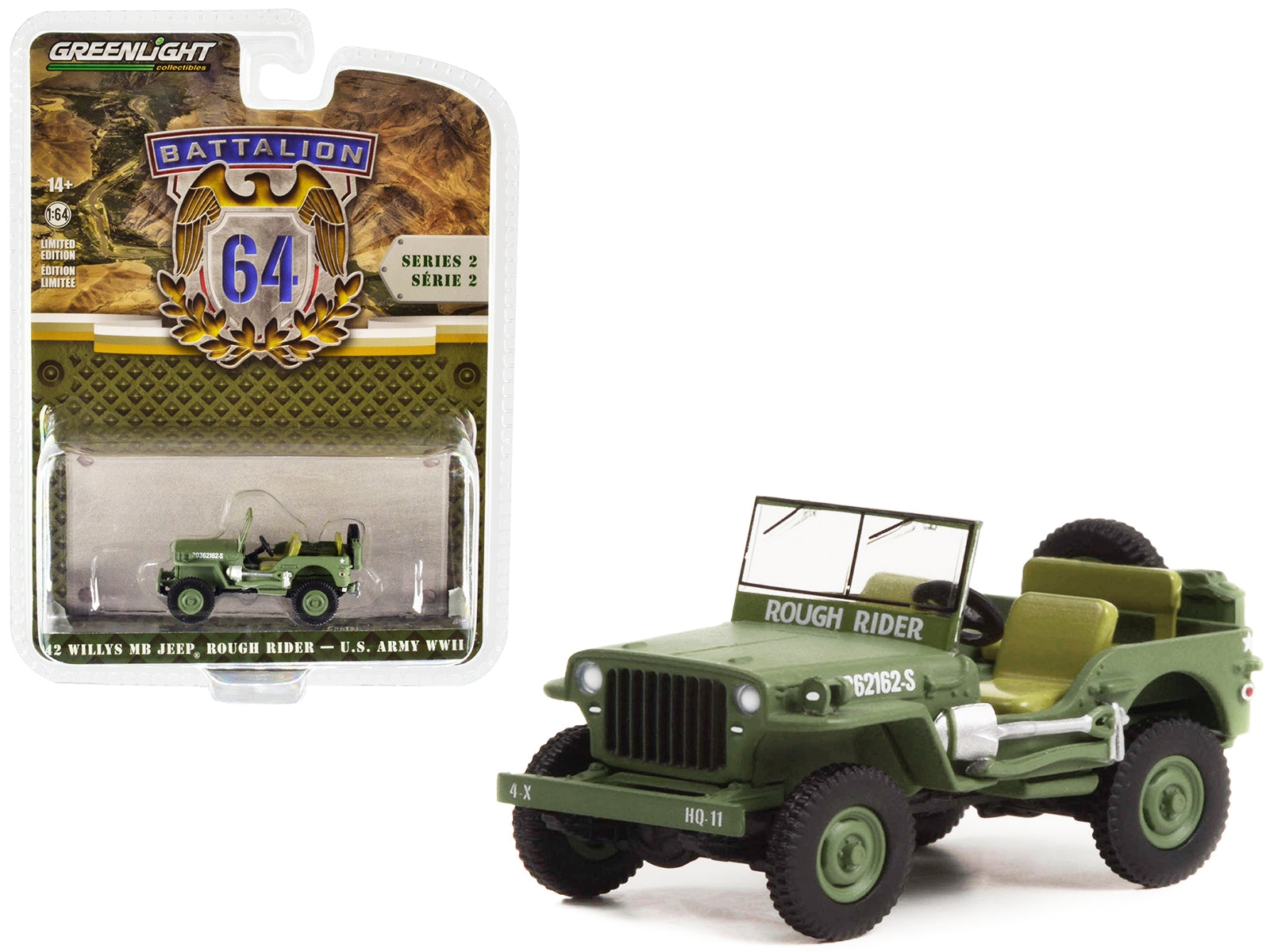 1942 Willys MB Jeep #20362162-S Green "U.S. Army World War II - Rough Rider" "Battalion 64" Release 2 1/64 Diecast Model Car by Greenlight Greenlight