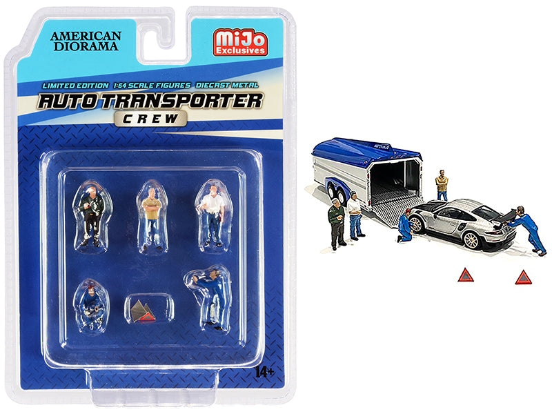 "Auto Transporter Crew" Diecast Set of 7 pieces (5 Figurines and 2 Warning Triangles) for 1/64 Scale Models by American Diorama American Diorama