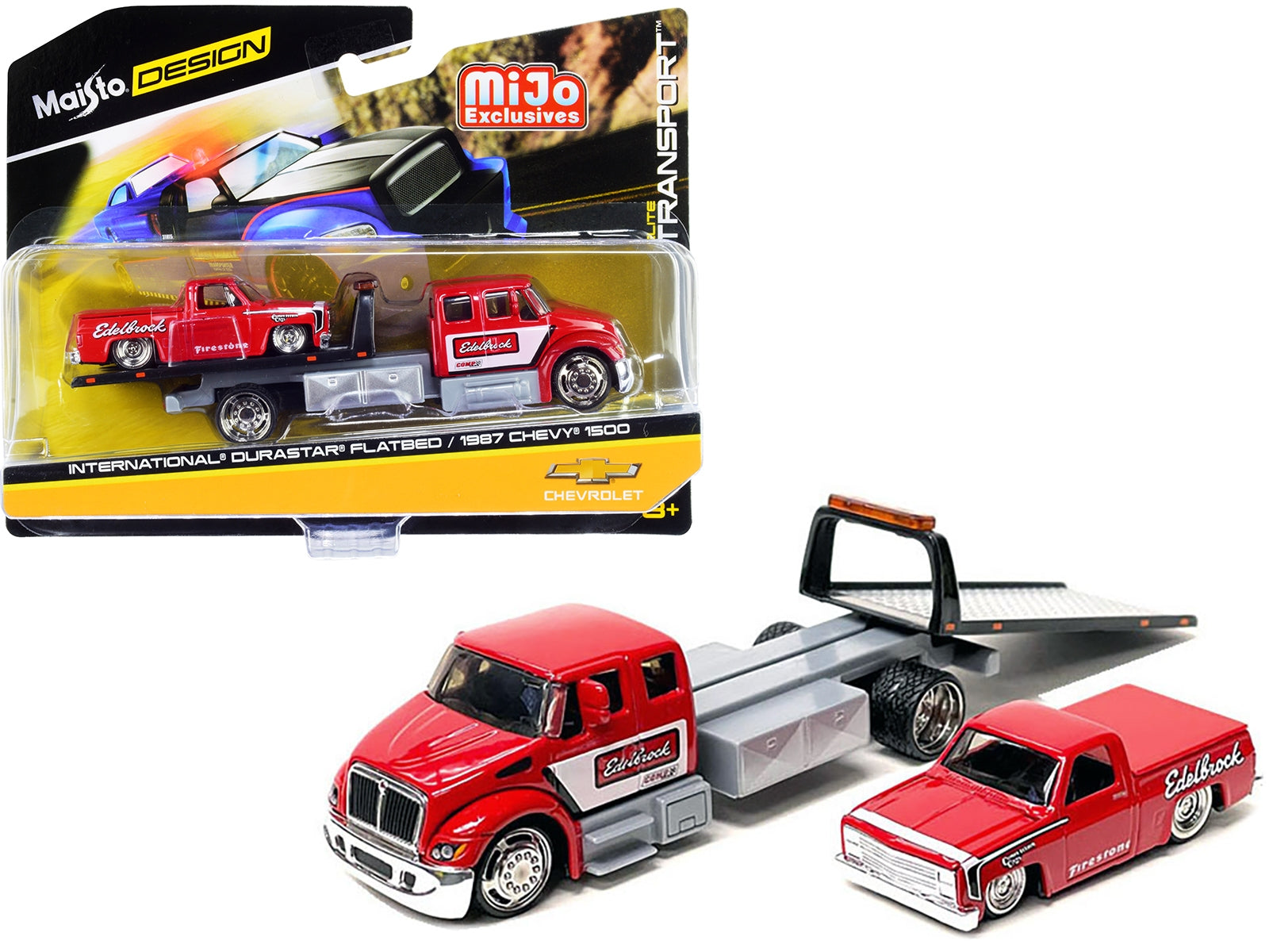 International DuraStar Flatbed Truck and 1987 Chevrolet 1500 Pickup Truck with Bed Cover Red with Graphics "Edelbrock" "Elite Transport" Series 1/64 Diecast Models by Maisto Maisto