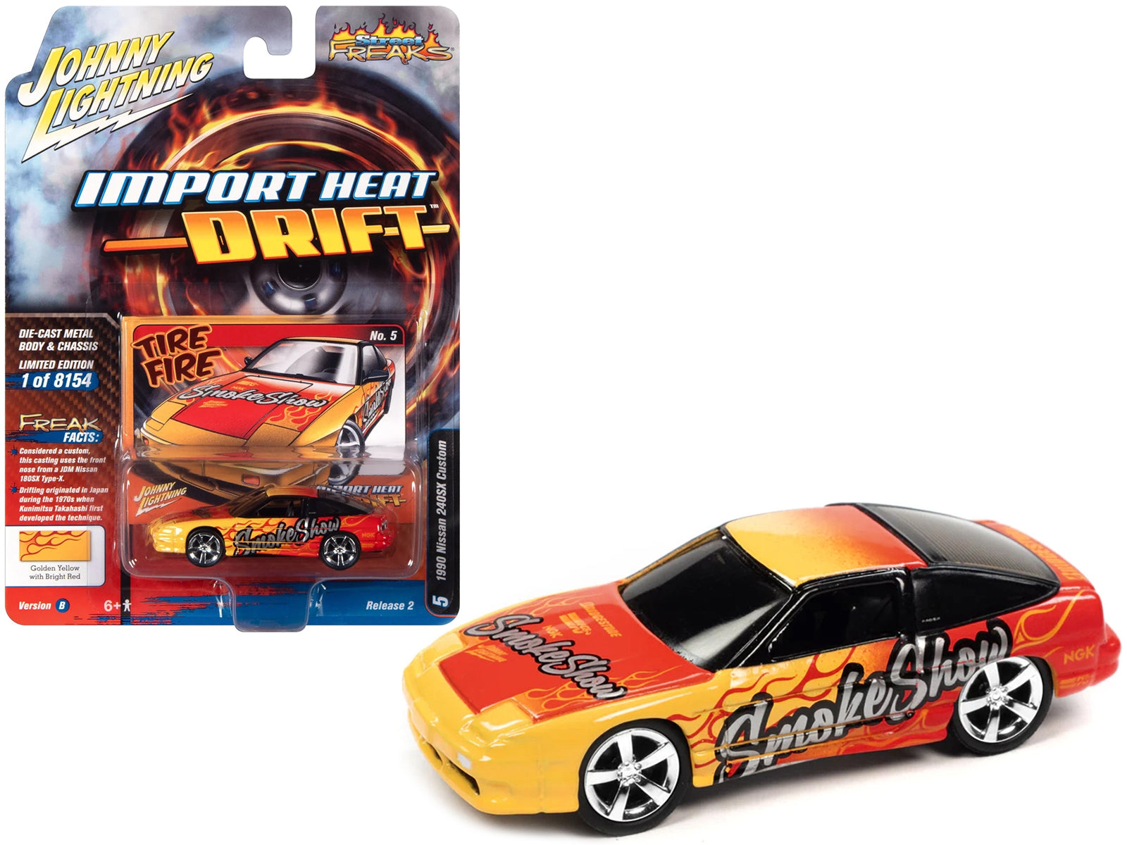 1990 Nissan 240SX Custom Golden Yellow with Bright Red Flames "Smoke Show" "Import Hear Drift" Series Limited Edition to 8154 pieces Worldwide 1/64 Diecast Model Car by Johnny Lightning Johnny Lightning