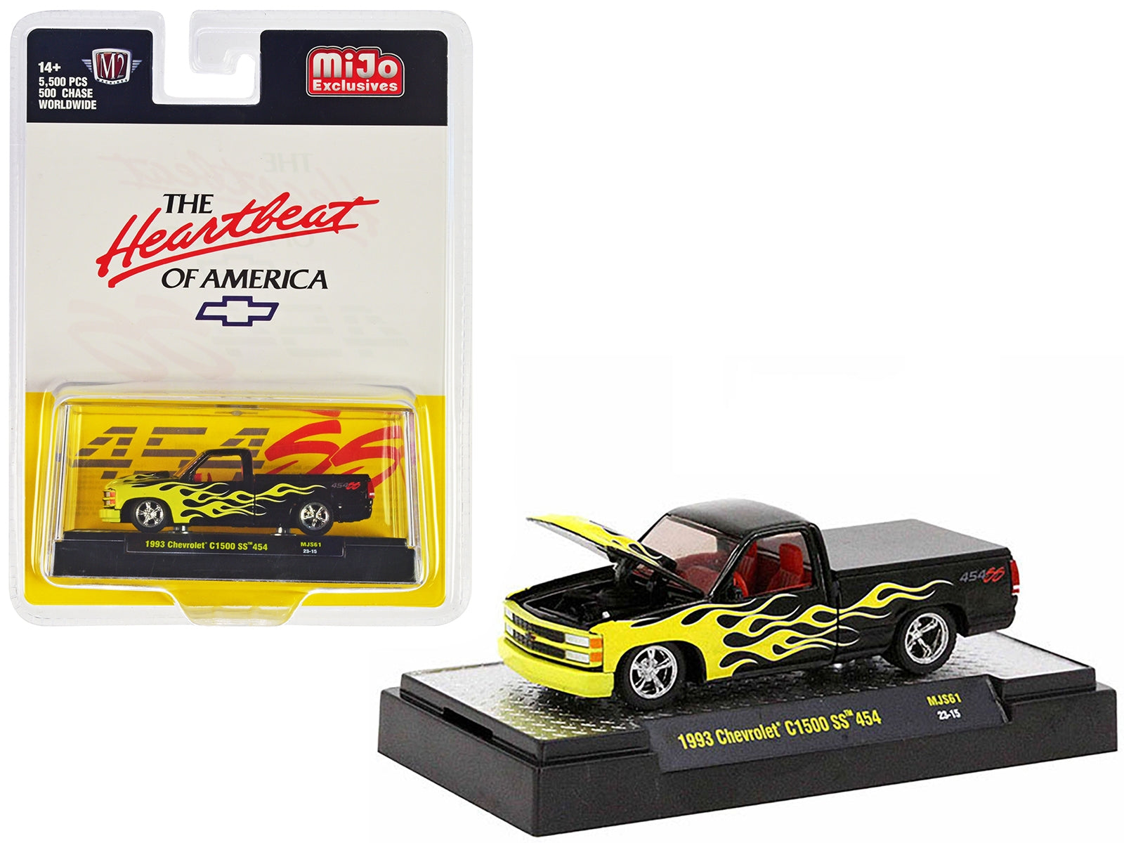 1993 Chevrolet C1500 SS 454 Pickup Truck Black with Yellow Flames and Red Interior "The Heartbeat of America" Limited Edition to 5500 pieces Worldwide 1/64 Diecast Model Car by M2 Machines M2