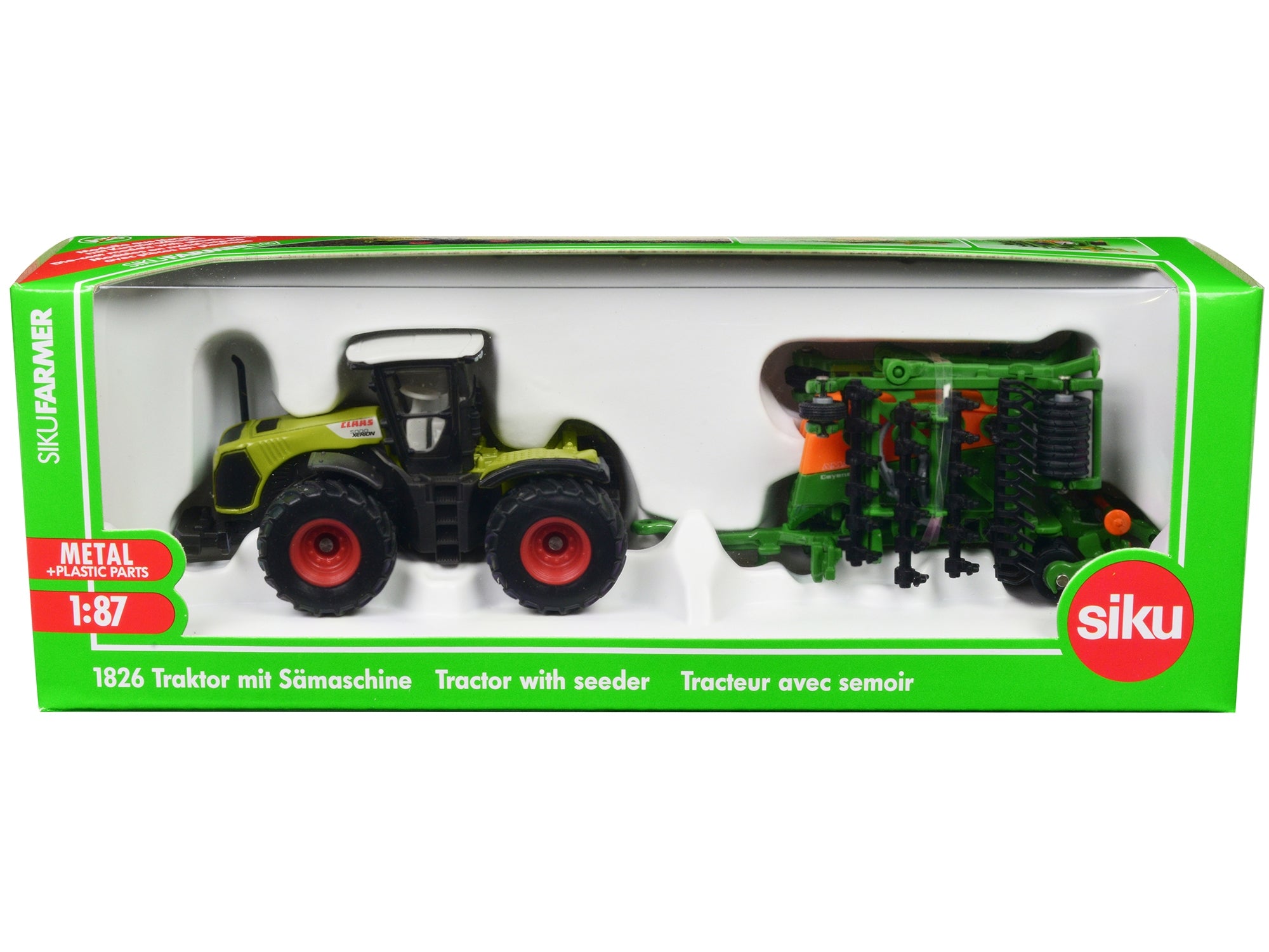 Claas Xerion 5000 Tractor Green with Gray Top and Amazone Cayena 6001 Seeder 1/87 (HO) Diecast Model by Siku SIKU