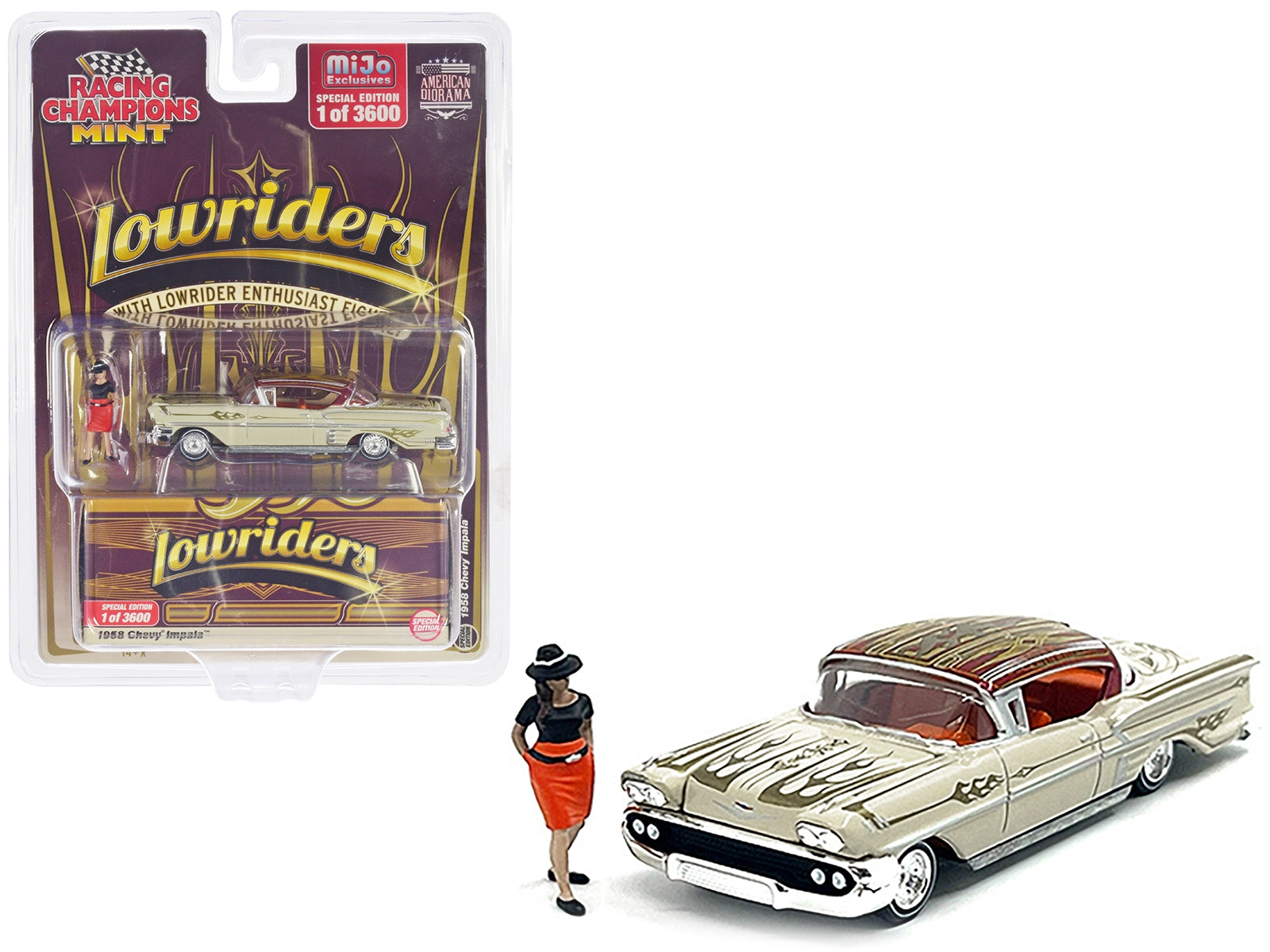 1958 Chevrolet Impala Lowrider Beige with Graphics and Orange Interior with Diecast Figure Limited Edition to 3600 pieces Worldwide 1/64 Diecast Model Car by Racing Champions Racing Champions