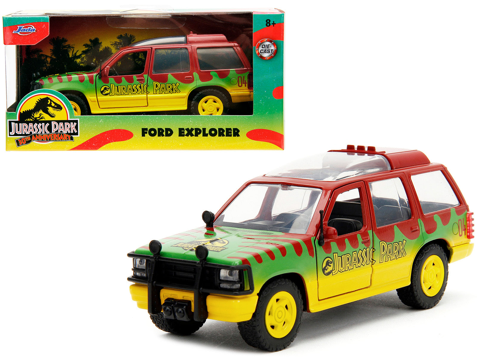 Ford Explorer Red and Yellow with Green Graphics "Jurassic Park" (1993) Movie 30th Anniversary "Hollywood Rides" Series 1/32 Diecast Model Car by Jada Jada