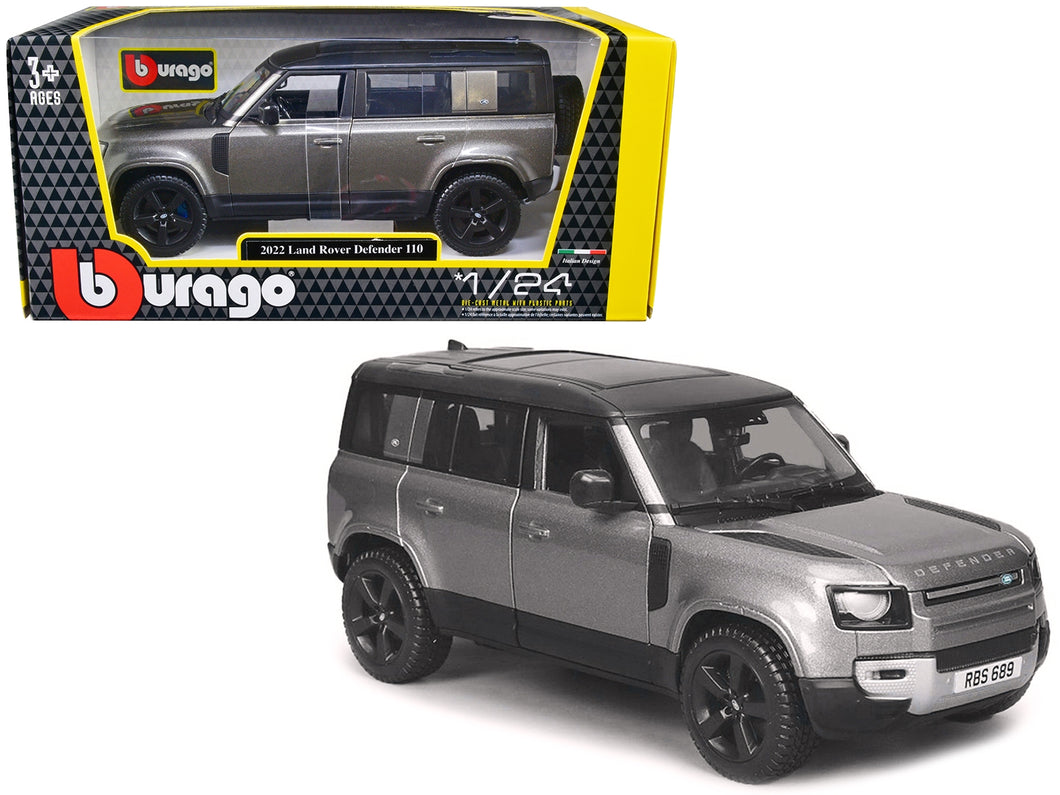 2022 Land Rover Defender 110 Dark Silver Metallic with Black Top and Sunroof 1/24 Diecast Model Car by Bburago Bburago