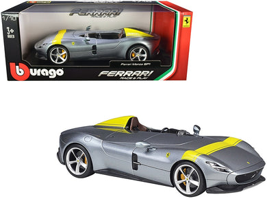 Ferrari Monza SP1 Silver Metallic with Yellow Stripes 1/18 Diecast Model Car by Bburago Bburago