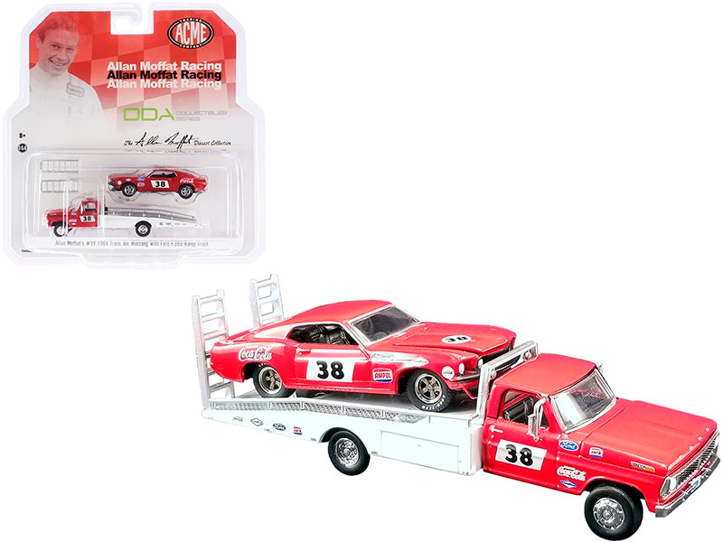 Ford F-350 Ramp Truck #38 Red and White with 1969 Ford Mustang Trans Am #38 Red "Coca-Cola" Allan Moffat Racing "DDA Collectibles" Series "ACME Exclusive" 1/64 Diecast Model Cars by Greenlight for ACME Greenlight