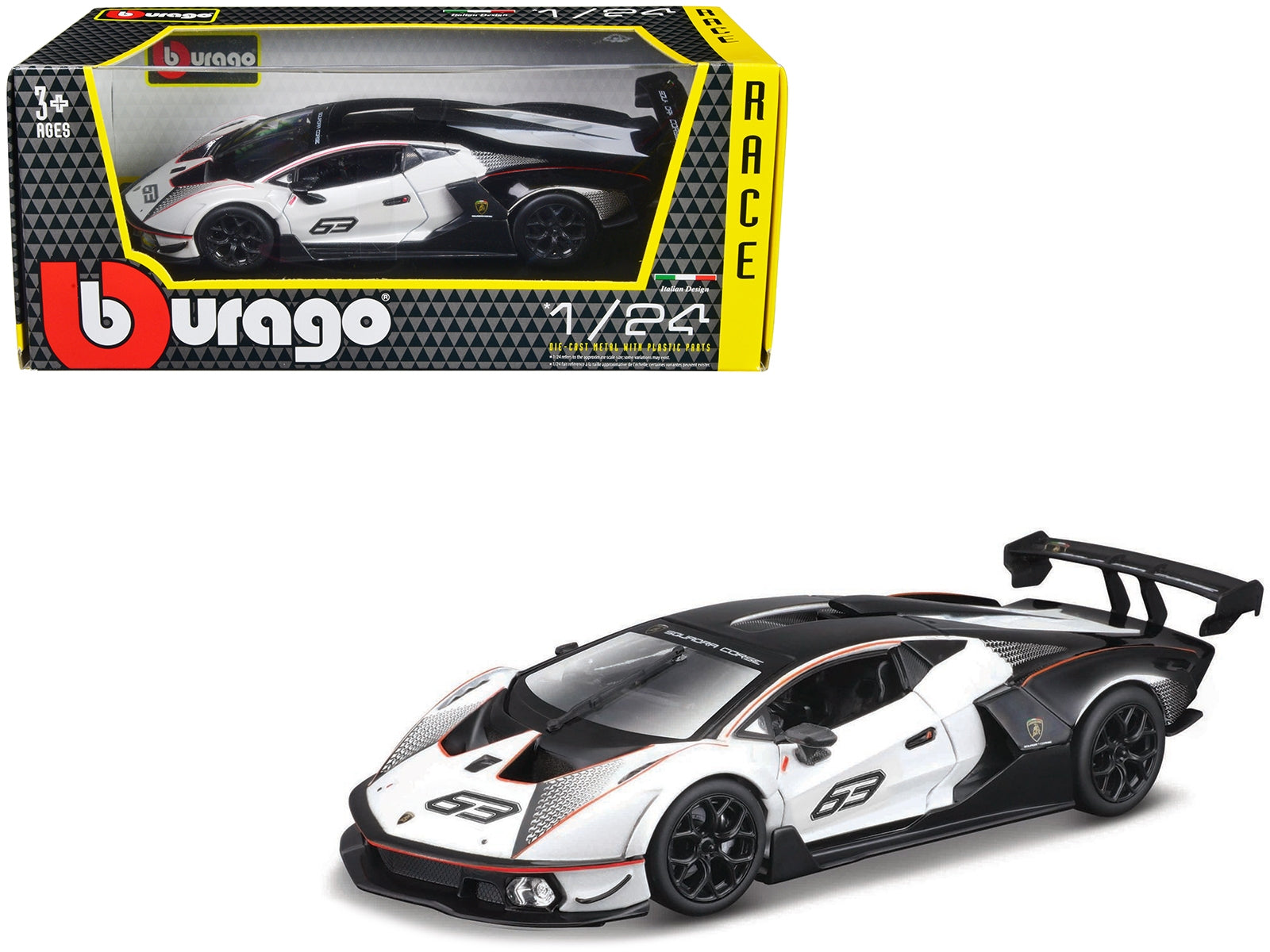 Lamborghini Essenza SCV12 #63 White and Black "Squadra Corse" "Race" Series 1/24 Diecast Model Car by Bburago Bburago