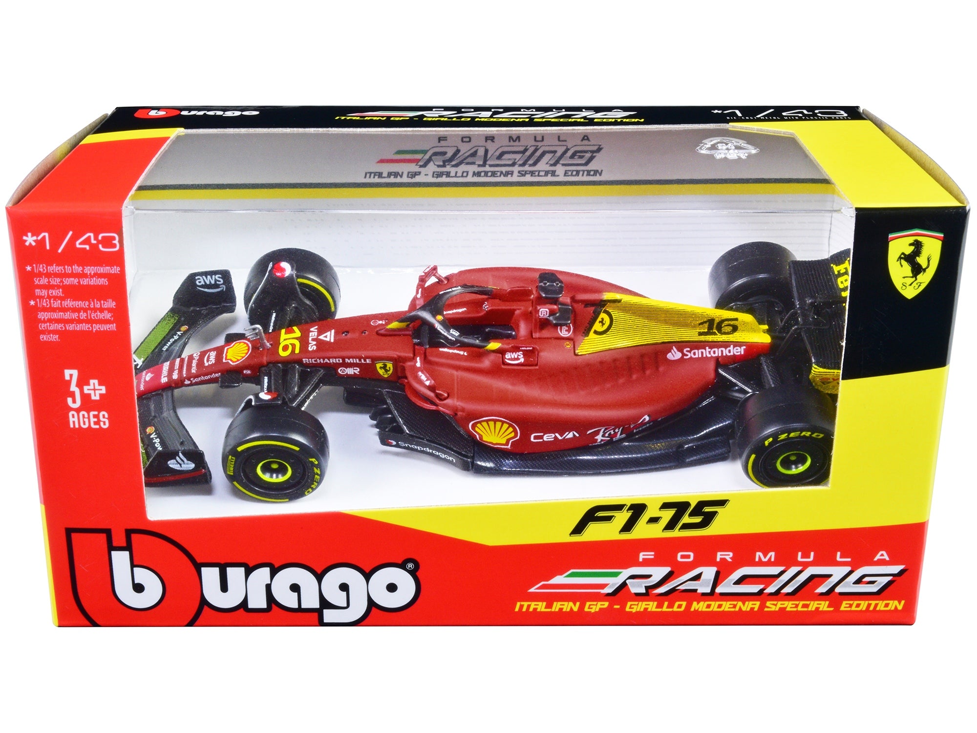 Ferrari F1-75 #16 Charles Leclerc "Giallo Modena" 2nd Place Formula One F1 Italian GP (2022) "Formula Racing" Series 1/43 Diecast Model Car by Bburago Bburago