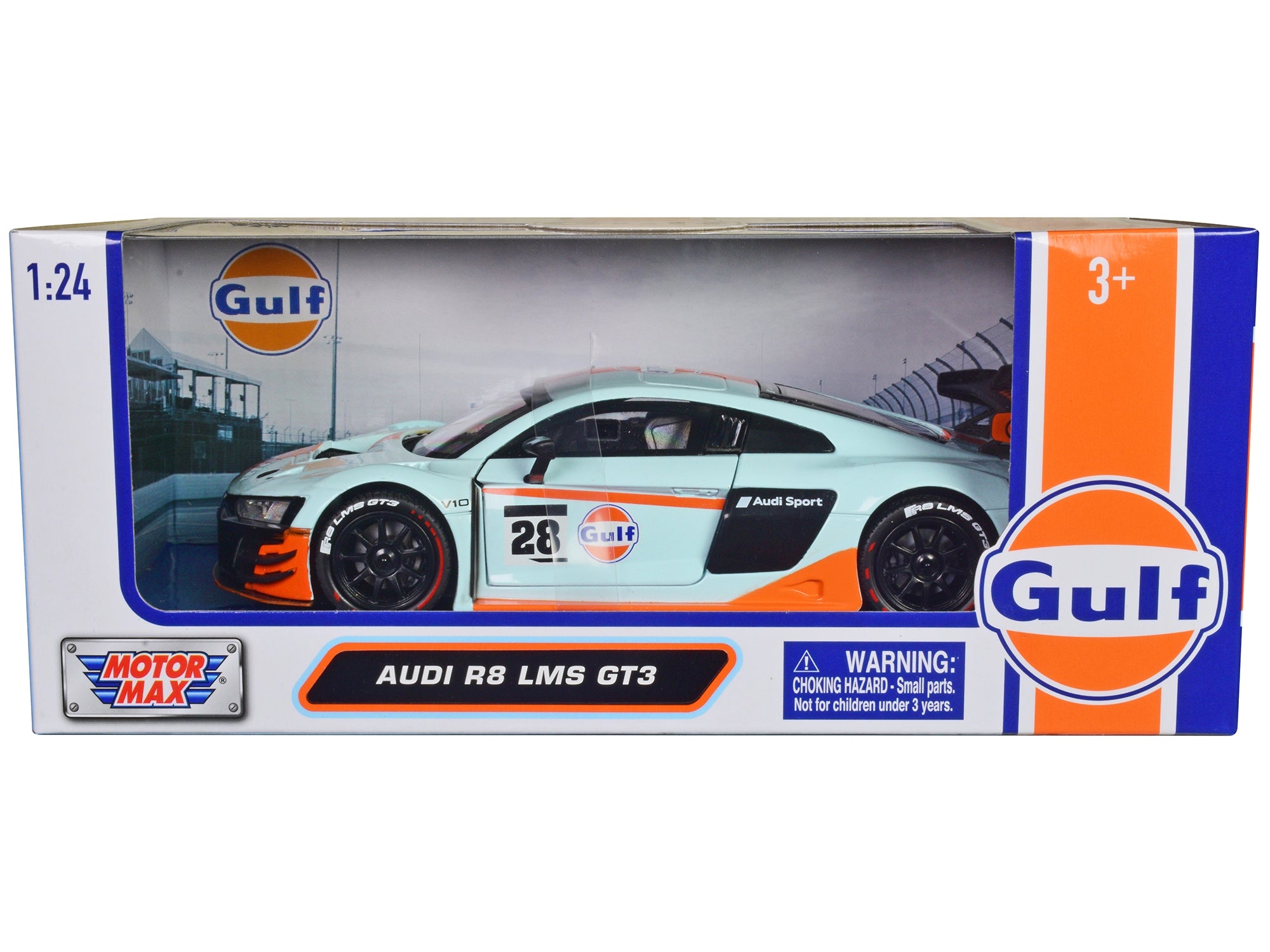 Audi R8 LMS GT3 #28 Light Blue with Orange Stripes "Gulf Oil" "Gulf Die-Cast Collection" 1/24 Diecast Model Car by Motormax Motormax