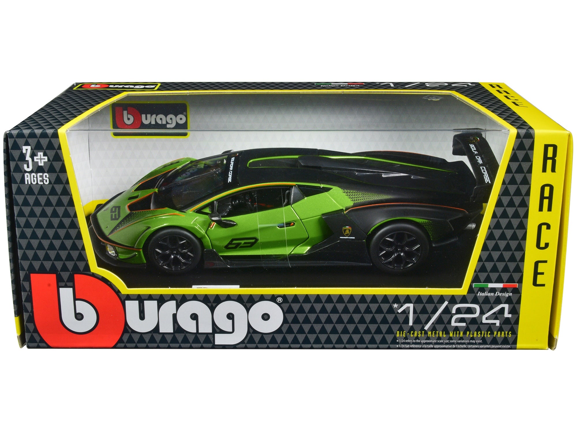 Lamborghini Essenza SCV12 #63 Green Metallic and Black "Squadra Corse" "Race" Series 1/24 Diecast Model Car by Bburago Bburago