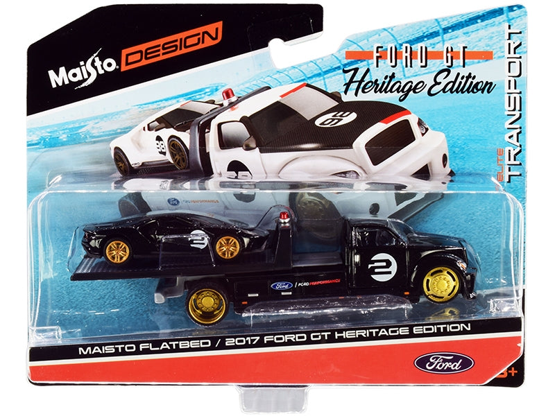 2017 Ford GT #2 Heritage Edition with Flatbed Truck Black "Elite Transport" Series 1/64 Diecast Model Cars by Maisto Maisto