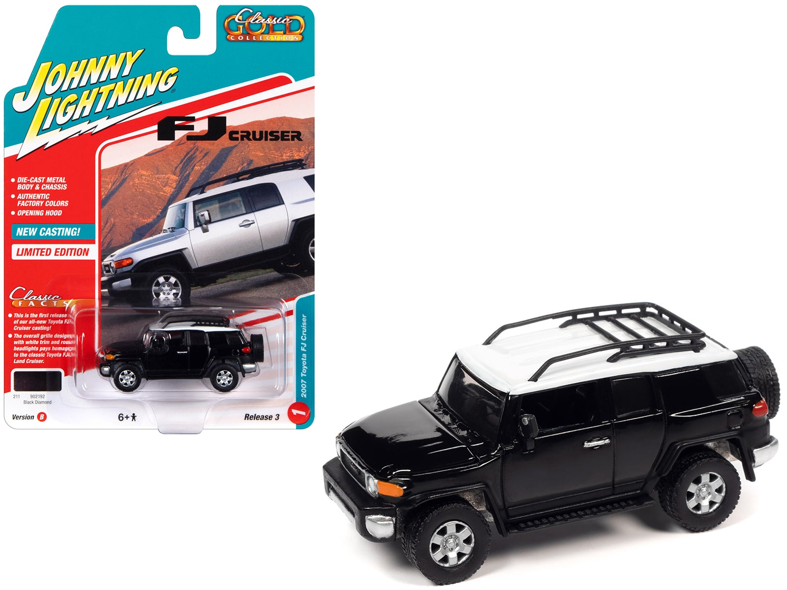 2007 Toyota FJ Cruiser Black Diamond with White Top and Roofrack "Classic Gold Collection" Series Limited Edition 1/64 Diecast Model Car by Johnny Lightning Johnny Lightning