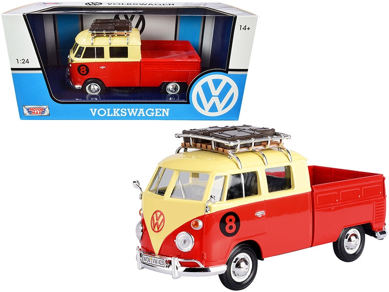 Volkswagen Type 2 (T1) #8 Pickup Truck with Roof Rack and Luggage Red and Yellow 1/24 Diecast Model Car by Motormax Motormax