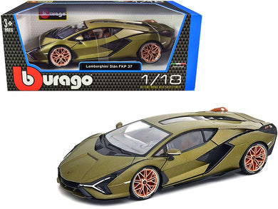 Lamborghini Sian FKP 37 Matt Green Metallic with Copper Wheels 1/18 Diecast Model Car by Bburago Bburago