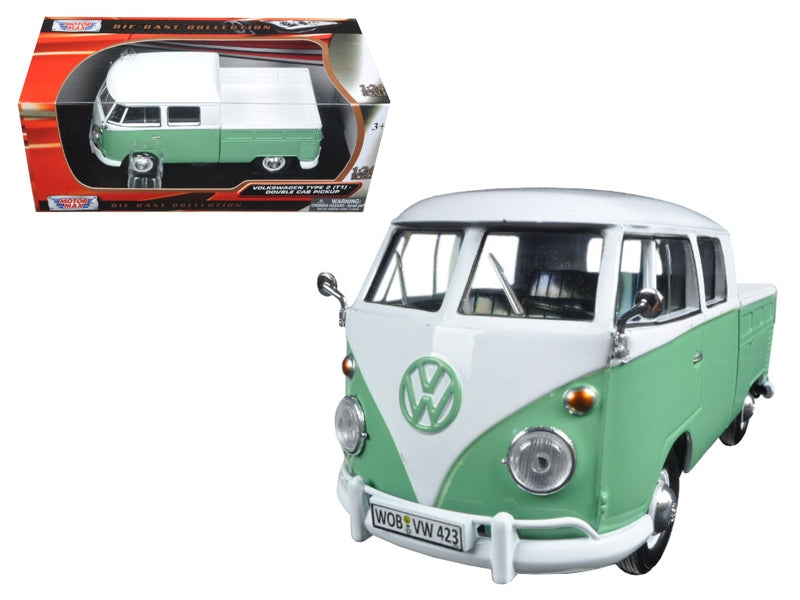 Volkswagen Type 2 (T1) Double Cab Pickup Truck White and Green 1/24 Diecast Model Car by Motormax Motormax