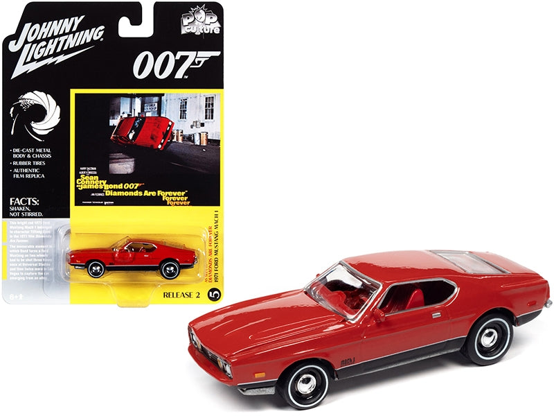 1971 Ford Mustang Mach 1 Bright Red with Black Bottom (James Bond 007) "Diamonds Are Forever" (1971) Movie "Pop Culture" Series 1/64 Diecast Model Car by Johnny Lightning Johnny Lightning