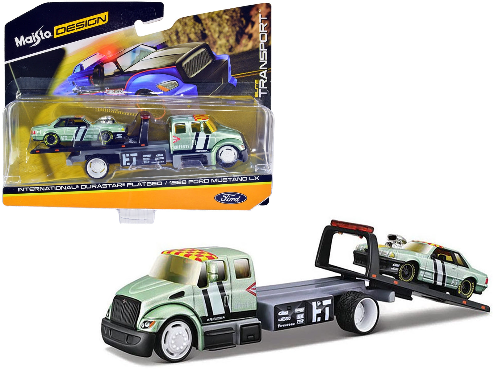 International DuraStar Flatbed Truck #17 and 1988 Ford Mustang LX #17 Light Green Metallic with Stripes and Graphics "Elite Transport" Series 1/64 Diecast Models by Maisto Maisto