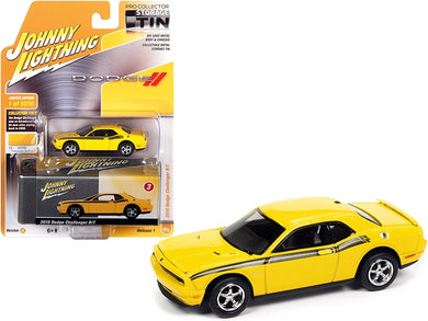 2010 Dodge Challenger R/T Detonator Yellow with Black Stripes and Collector Tin Limited Edition to 5036 pieces Worldwide 1/64 Diecast Model Car by Johnny Lightning Johnny Lightning