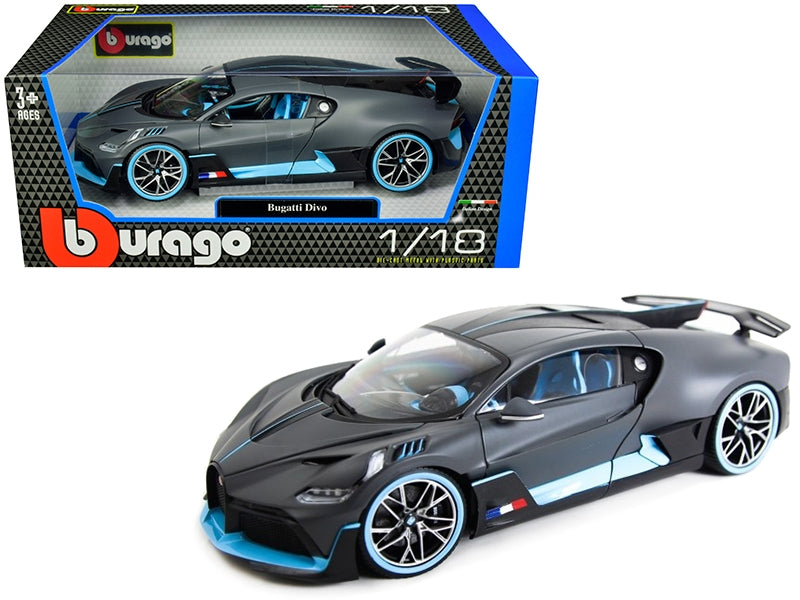 Bugatti Divo Matt Gray with Blue Accents 1/18 Diecast Model Car by Bburago Bburago