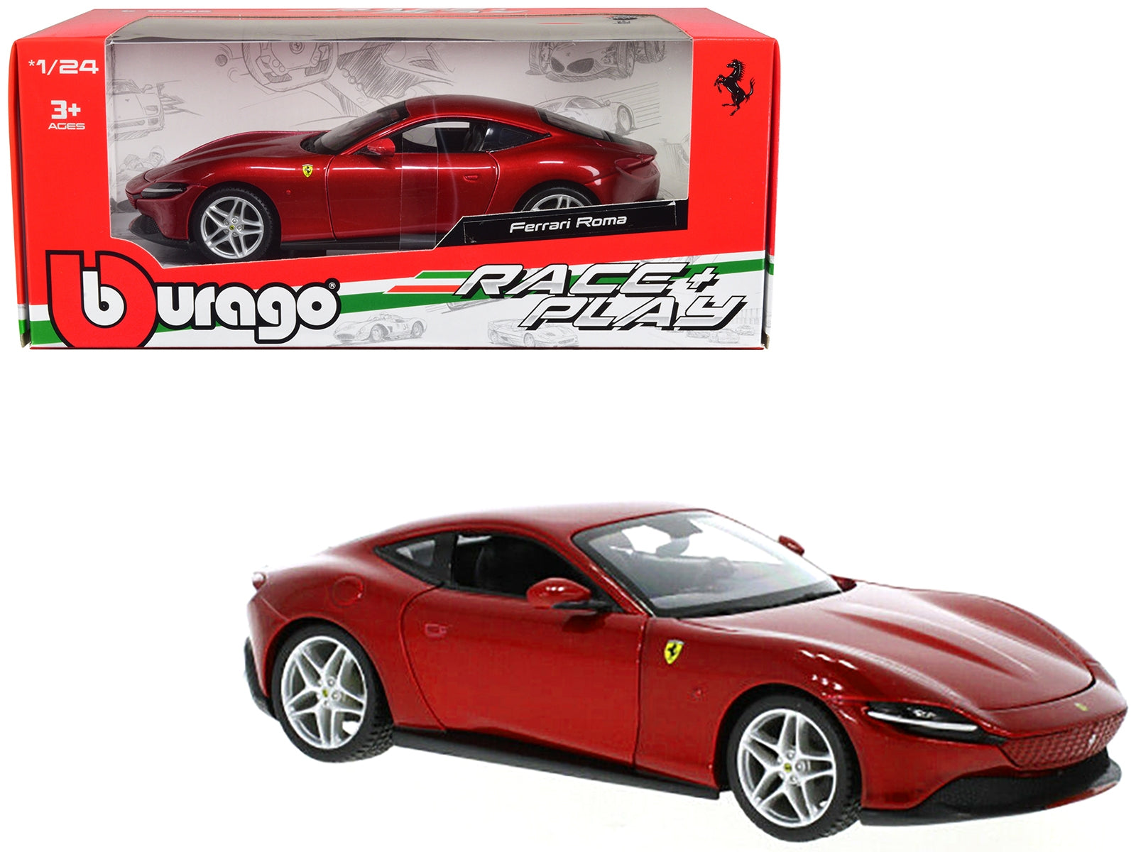 Ferrari Roma Red Metallic "Race + Play" Series 1/24 Diecast Model Car by Bburago Bburago