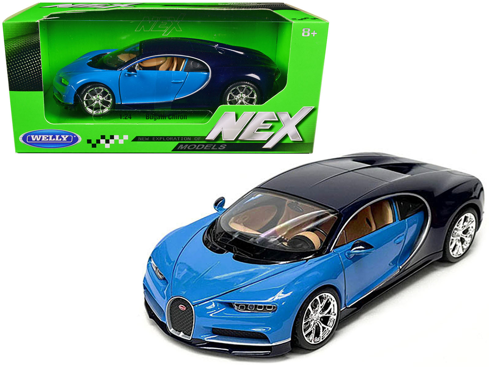 Bugatti Chiron Blue and Dark Blue Two-Tone "NEX Models" Series 1/24 Diecast Model Car by Welly Welly