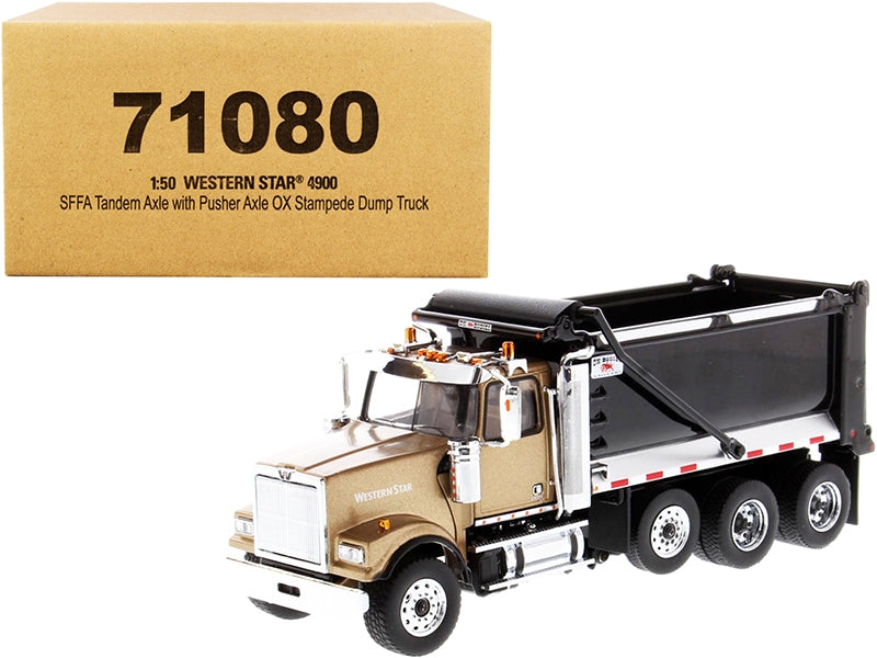 Western Star 4900 SFFA Tandem with Pusher Axle OX Stampede Dump Truck Gold and Black "Transport Series" 1/50 Diecast Model by Diecast Masters Diecast Masters