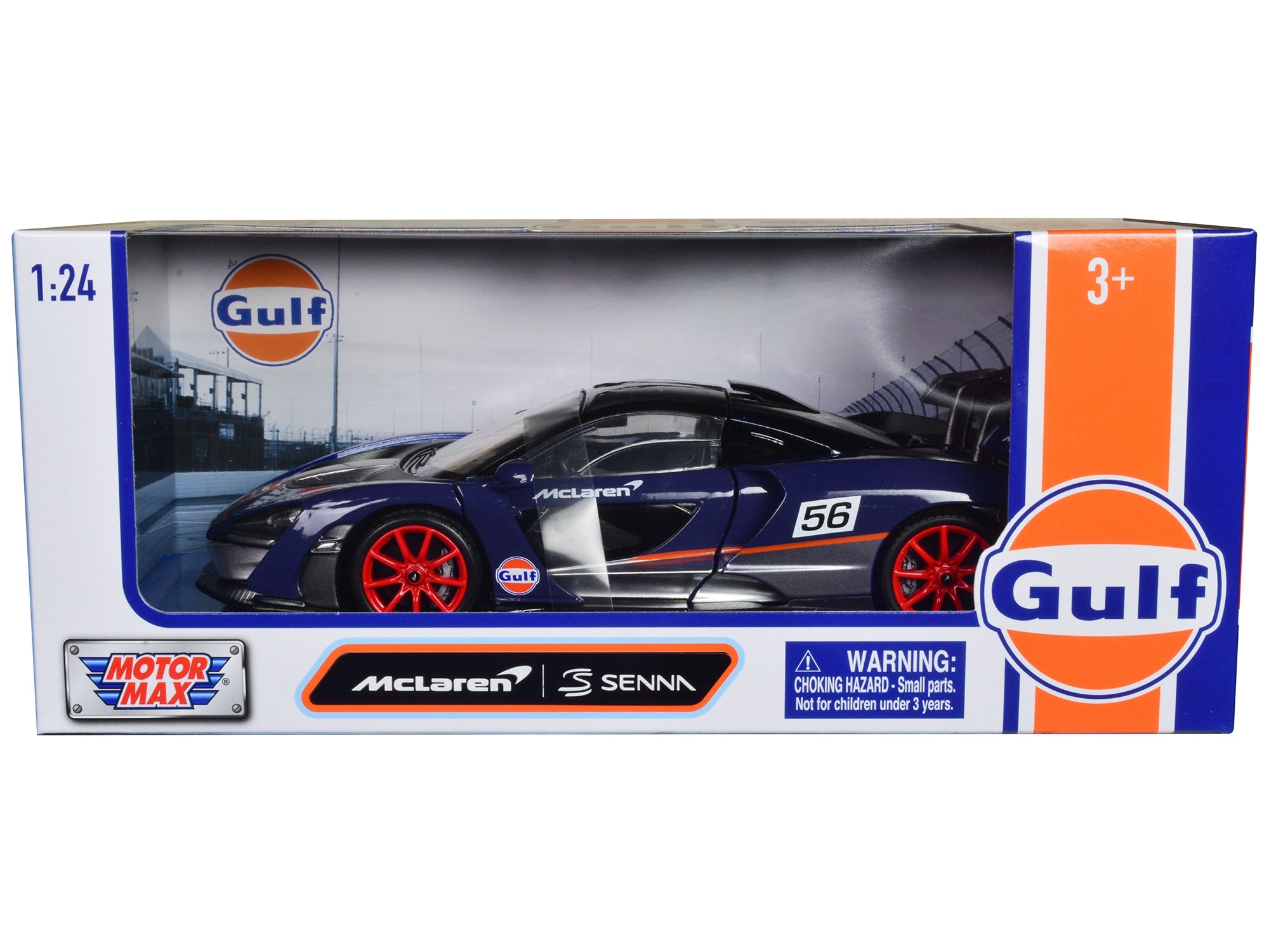 McLaren Senna #56 Dark Blue and Silver with Orange Stripes "Gulf Oil" "Gulf Die-Cast Collection" 1/24 Diecast Model Car by Motormax Motormax