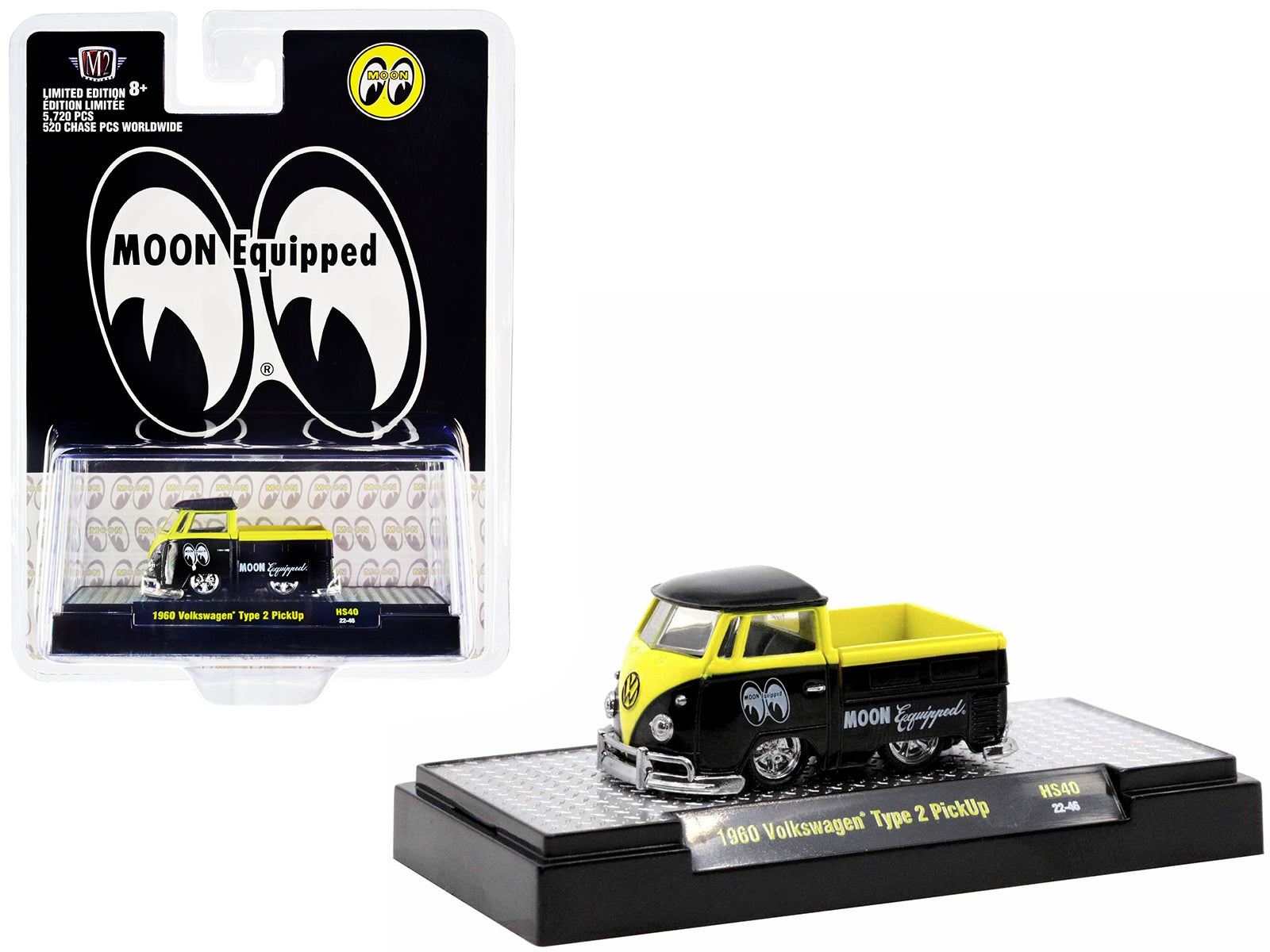 1960 Volkswagen Type 2 Pickup Truck Black and Bright Yellow "Mooneyes: Moon Equipped" Limited Edition to 5720 pieces Worldwide 1/64 Diecast Model Car by M2 Machine M2