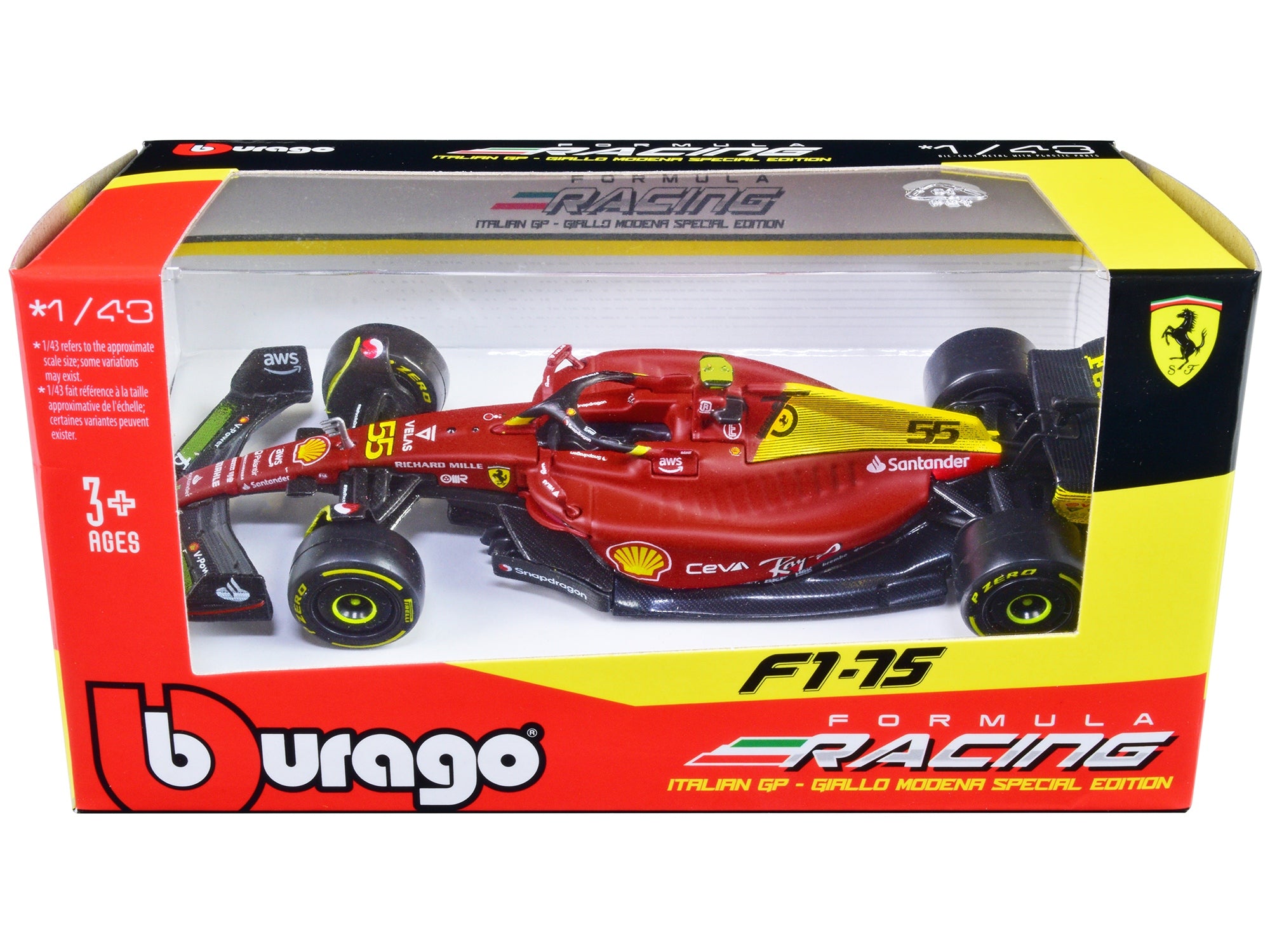 Ferrari F1-75 #55 Carlos Sainz "Giallo Modena" Formula One F1 Italian GP (2022) "Formula Racing" Series 1/43 Diecast Model Car by Bburago Bburago