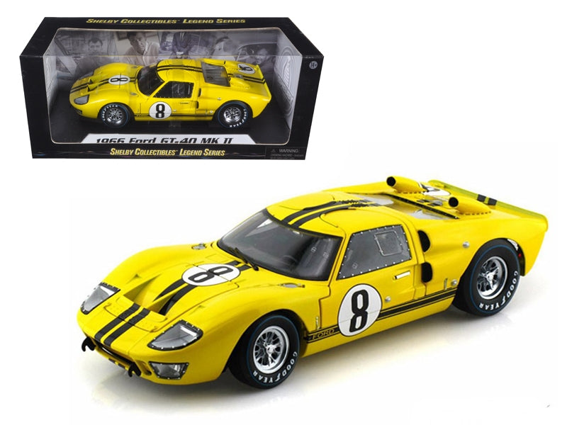 1966 Ford GT-40 MK II #8 Yellow with Black Stripes 1/18 Diecast Model Car by Shelby Collectibles Shelby Collectibles