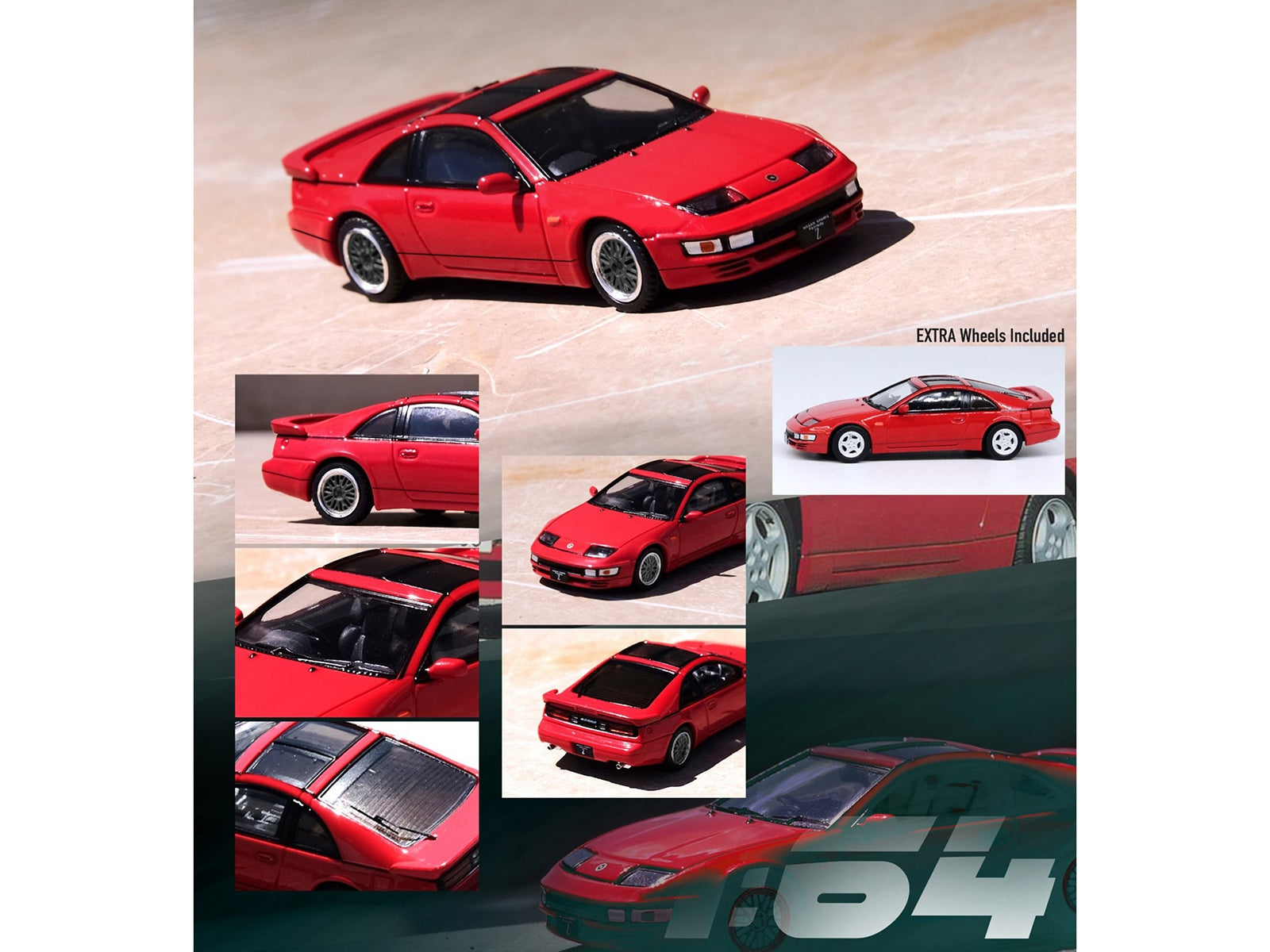 Nissan Fairlady Z (Z32) RHD (Right Hand Drive) Aztec Red with Sunroof and Extra Wheels 1/64 Diecast Model Car by Inno Models Inno Models