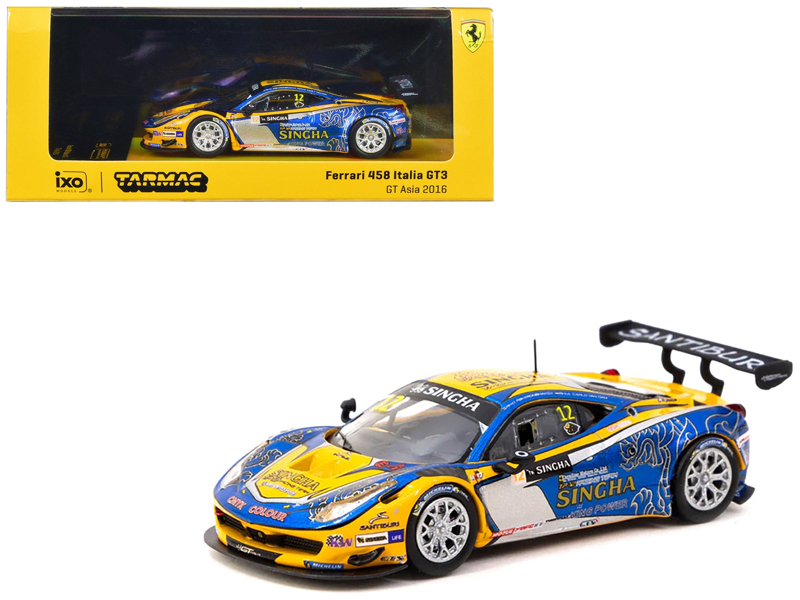 Ferrari 458 Italia GT3 #12 Carlo van Dam - Piti Bhirombhakdi "Singha Motorsport" "GT Asia Series" (2016) "Hobby64" Series 1/64 Diecast Model Car by Tarmac Works Tarmac Works