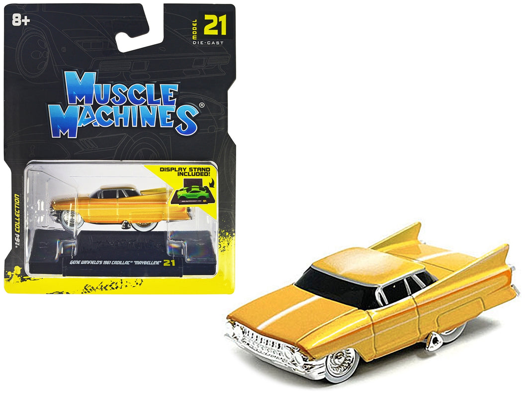 Gene Winfield's 1961 Cadillac Maybelline Yellow Metallic with White Stripes 1/64 Diecast Model Car by Muscle Machines Muscle Machines