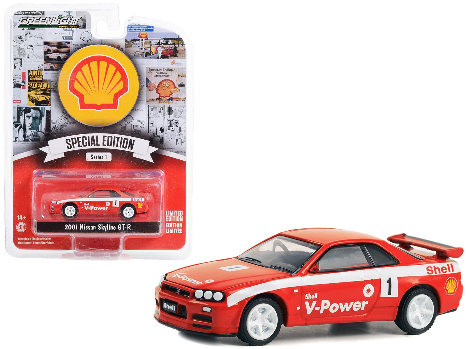 2001 Nissan Skyline GT-R (R34) #1 Red with White Stripes "Shell Racing" "Shell Oil Special Edition" Series 1 1/64 Diecast Model Car by Greenlight Greenlight