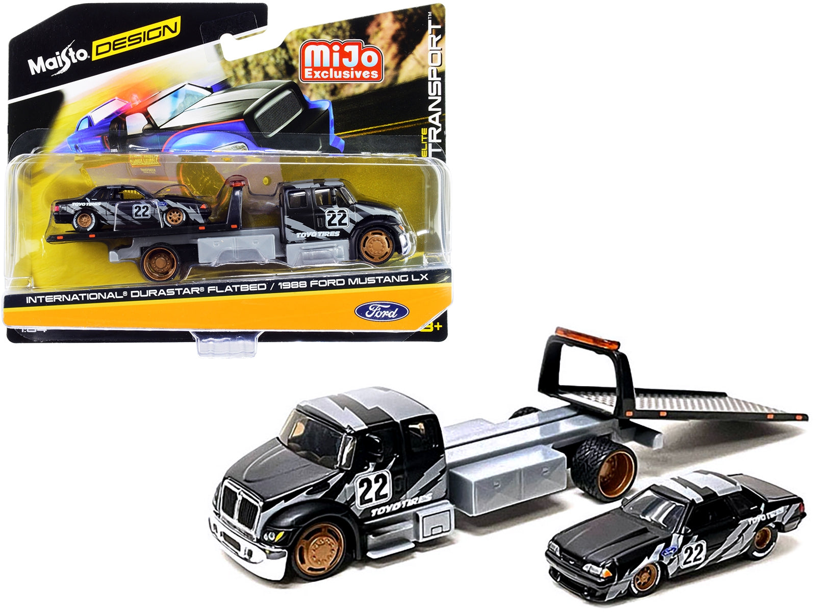 International DuraStar Flatbed Truck #22 and 1988 Ford Mustang LX #22 Matt Black with Gray Graphics "Toyo Tires" "Elite Transport" Series 1/64 Diecast Models by Maisto Maisto