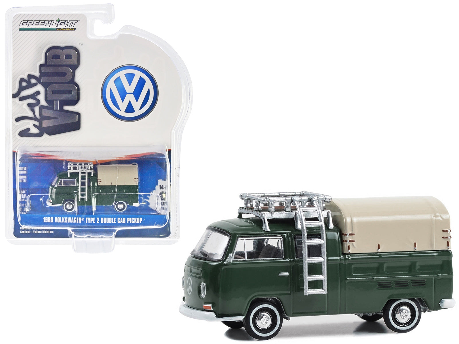 1969 Volkswagen Type 2 Double Cab Pickup Truck Delta Green with Tan Camper Shell "Club Vee-Dub" Series 18 1/64 Diecast Model Car by Greenlight Greenlight