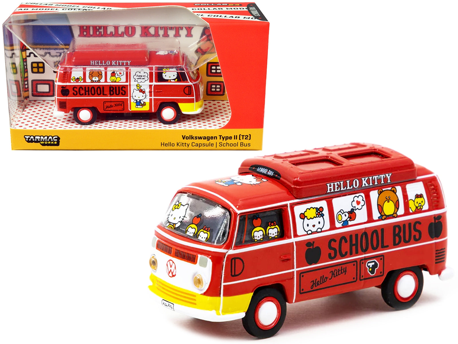 Volkswagen Type II (T2) Van Red "Hello Kitty Capsule School Bus" "Collab64" Series 1/64 Diecast Model Car by Schuco & Tarmac Works Schuco