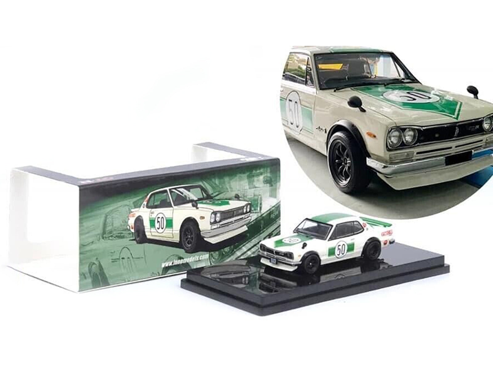 Nissan Skyline 2000 GT-R (KPGC10) #50 RHD (Right Hand Drive) White with Green Stripes "Malaysia Diecast Expo Event Edition" (2023) 1/64 Diecast Model Car by Inno Models Inno Models