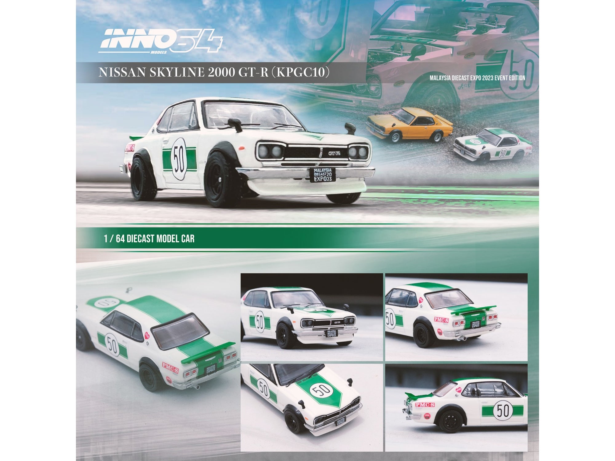 Nissan Skyline 2000 GT-R (KPGC10) #50 RHD (Right Hand Drive) White with Green Stripes "Malaysia Diecast Expo Event Edition" (2023) 1/64 Diecast Model Car by Inno Models Inno Models