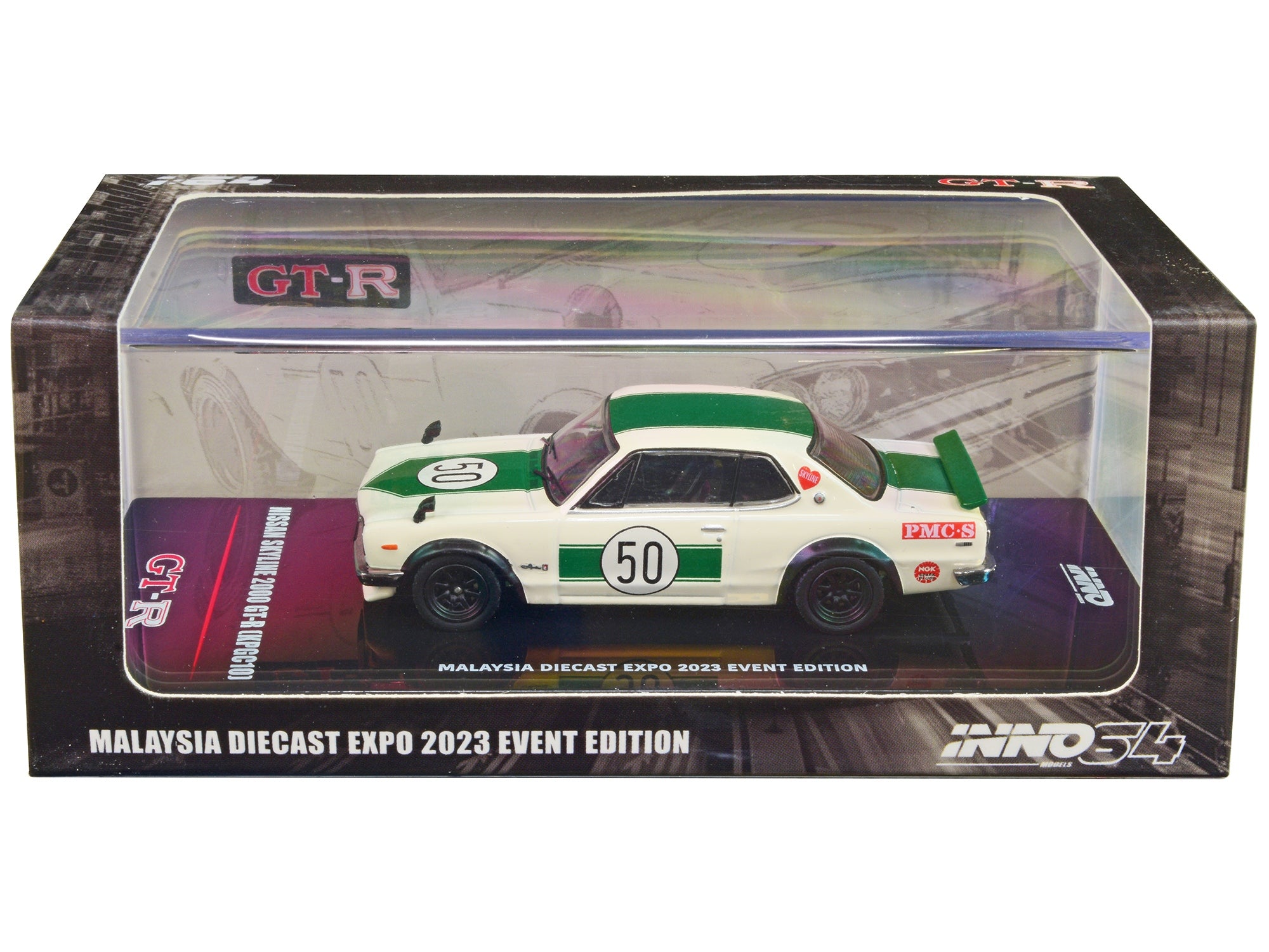 Nissan Skyline 2000 GT-R (KPGC10) #50 RHD (Right Hand Drive) White with Green Stripes "Malaysia Diecast Expo Event Edition" (2023) 1/64 Diecast Model Car by Inno Models Inno Models