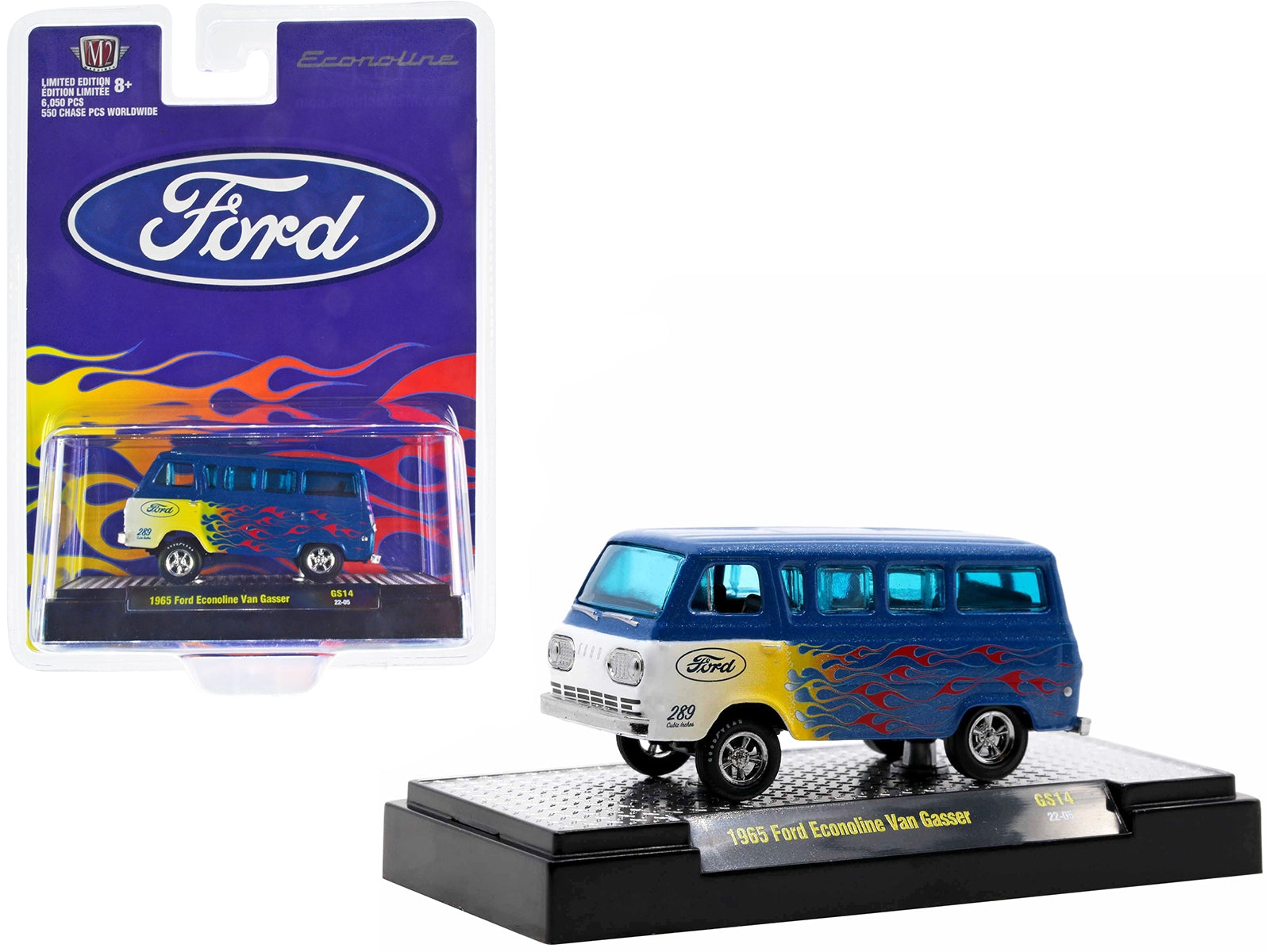 1965 Ford Econoline Van Gasser Blue Metallic with Flames Limited Edition to 6050 pieces Worldwide 1/64 Diecast Model Car by M2 Machines M2